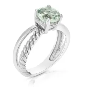 0.80 cttw Green Amethyst Ring .925 Sterling Silver with Rhodium Round Shape 8 MM