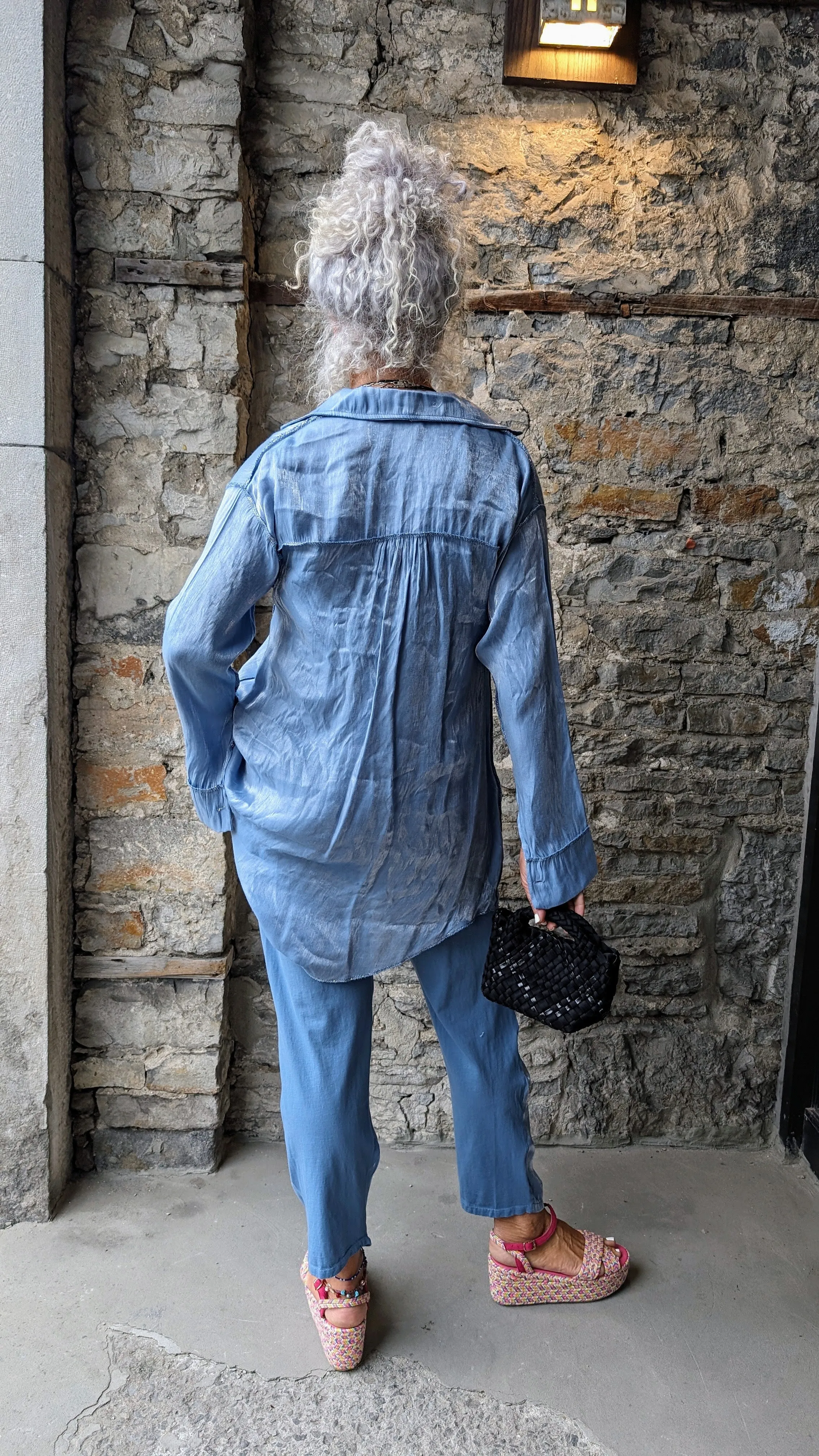 2 pc Straight Pant and Shirt Set - Denim Blue