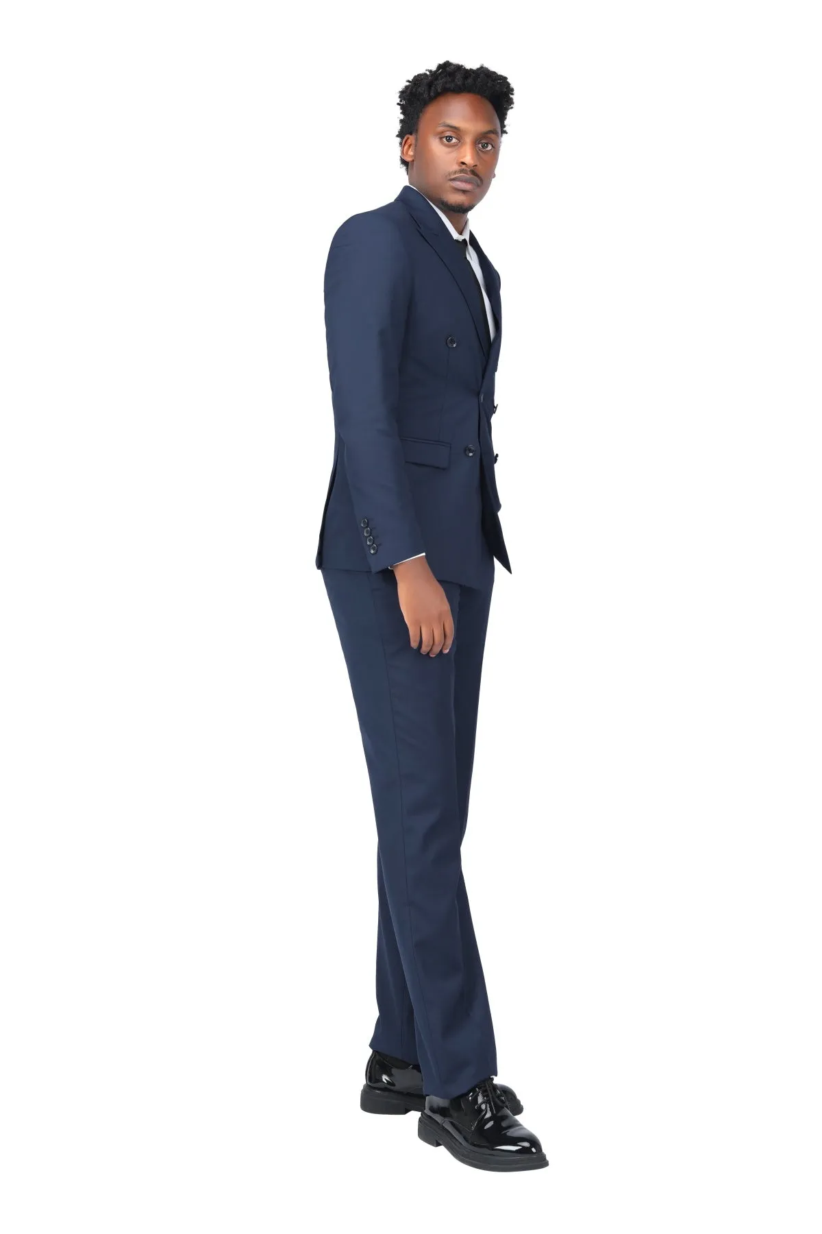 2-Piece Double Breasted Solid Color Navy Suit