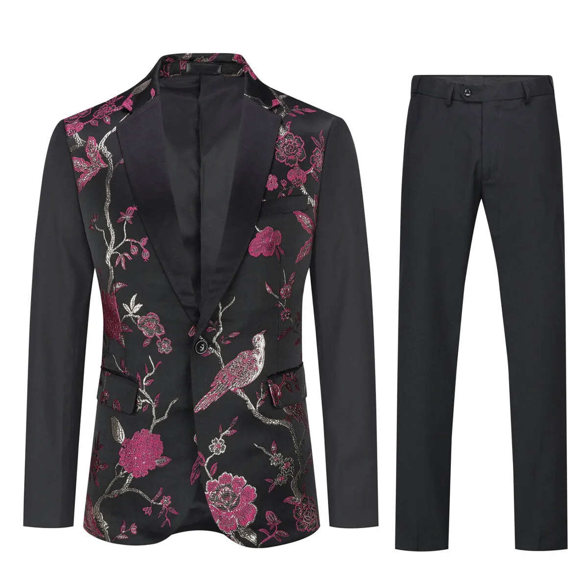 2-Piece Slim Fit Embroidered Rose Red Floral Suit