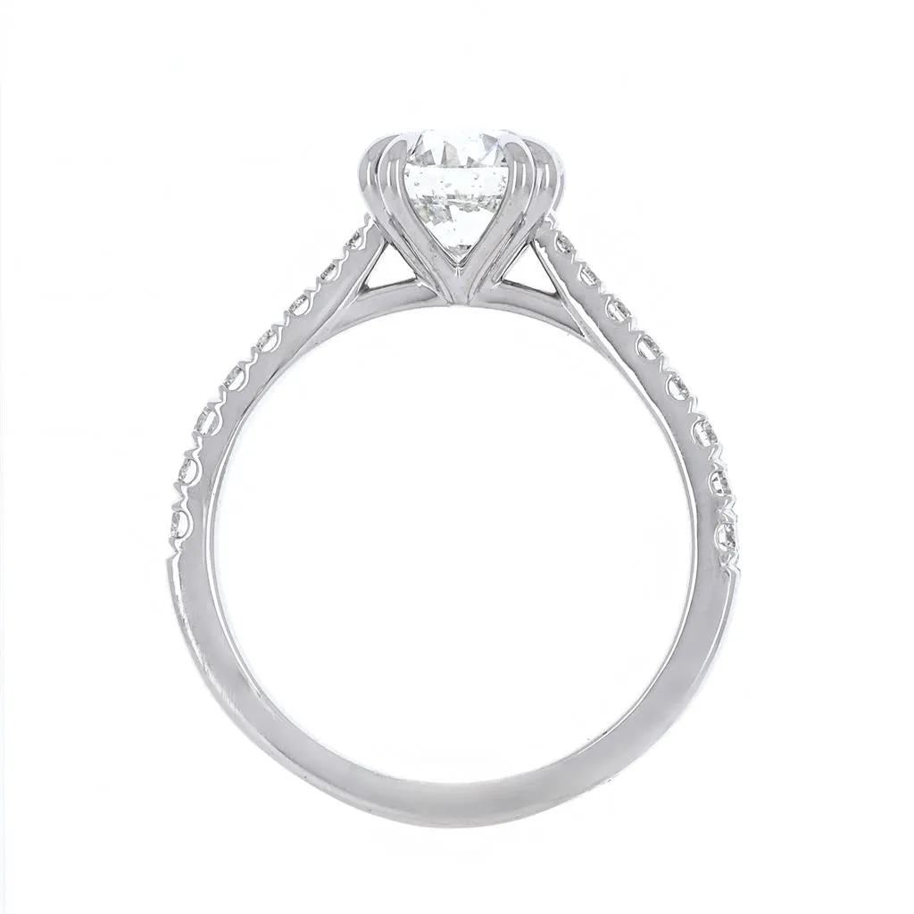 2.05ctw Round Solitaire Diamond Engagement Ring, Double Claw Prong, Pavê Band - 14K White Gold