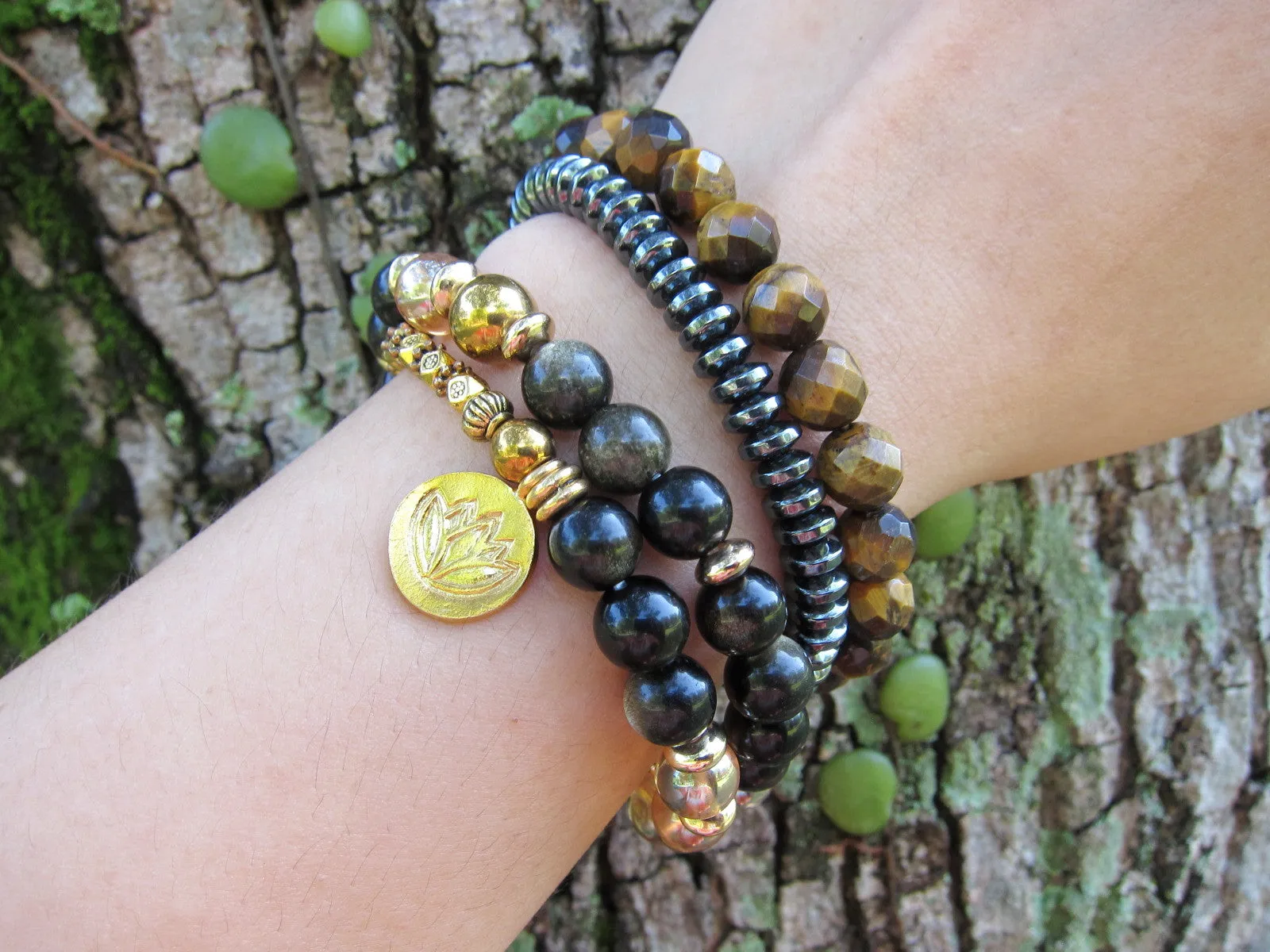 27 Bead Mala Bracelet in Protective Black Gold Obsidian