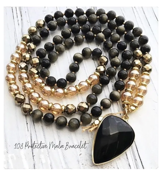 27 Bead Mala Bracelet in Protective Black Gold Obsidian