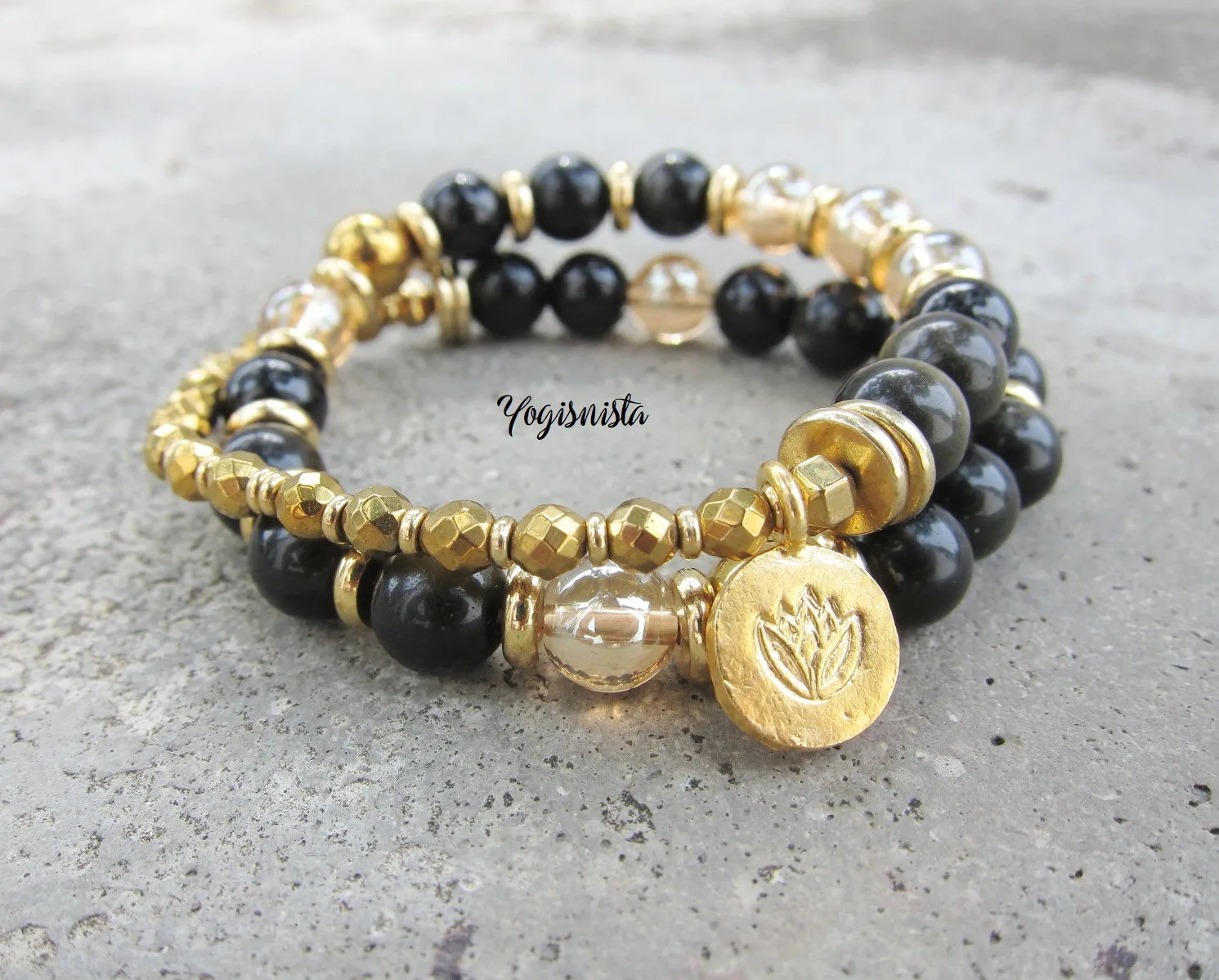 27 Bead Mala Bracelet in Protective Black Gold Obsidian