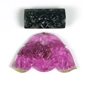 76.82cts Natural Untreated PINK BLACK TOURMALINE Gemstone Hand Carved Uneven Baguette Shapes 30*51mm & 32*16mm 2pcs