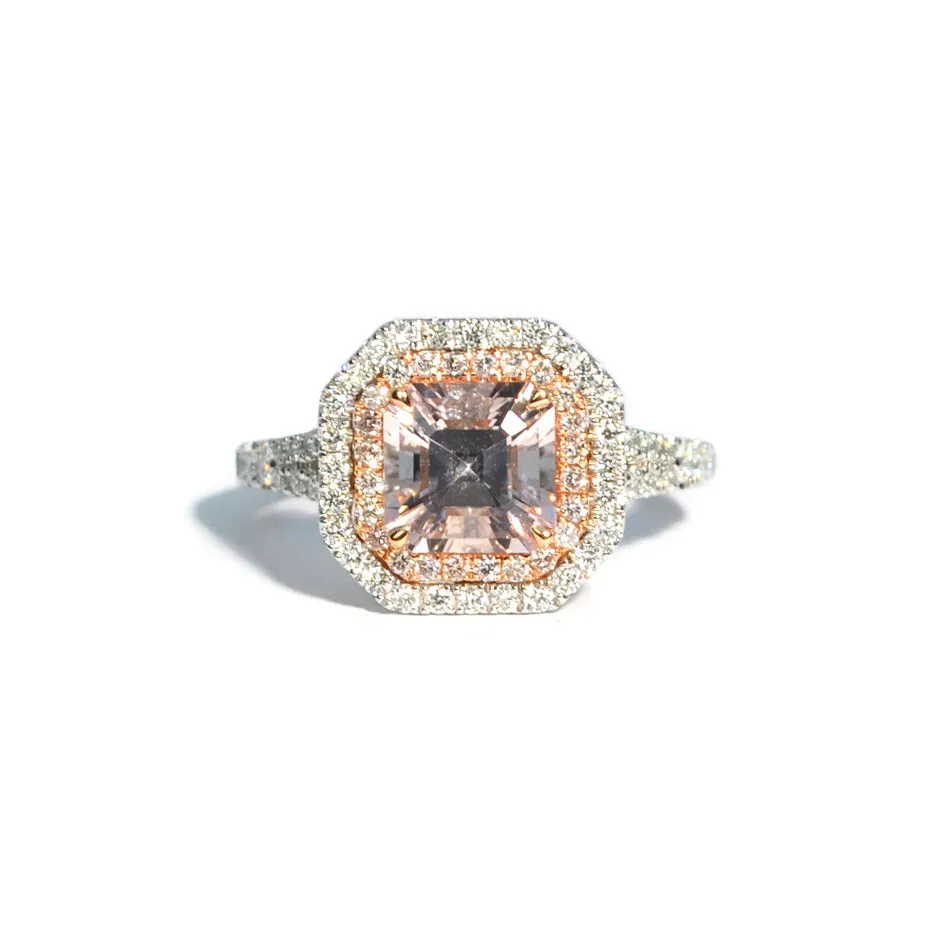 AFJ Diamond Collection - Square-cut Morganite Ring with Pink and White Diamonds, 18k White and Rose Gold