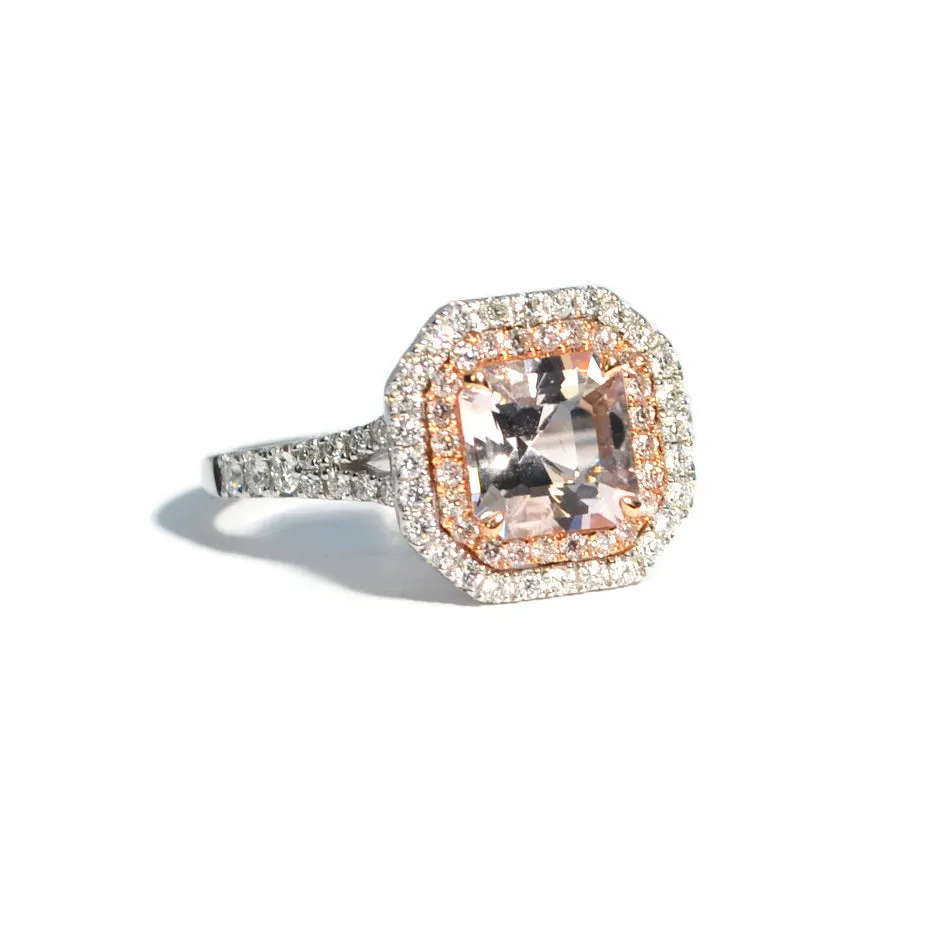 AFJ Diamond Collection - Square-cut Morganite Ring with Pink and White Diamonds, 18k White and Rose Gold