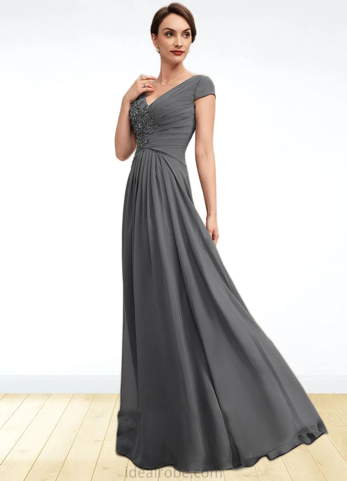 Akira A-Line V-neck Floor-Length Chiffon Mother of the Bride Dress With Ruffle Lace Beading Sequins STK126P0014582