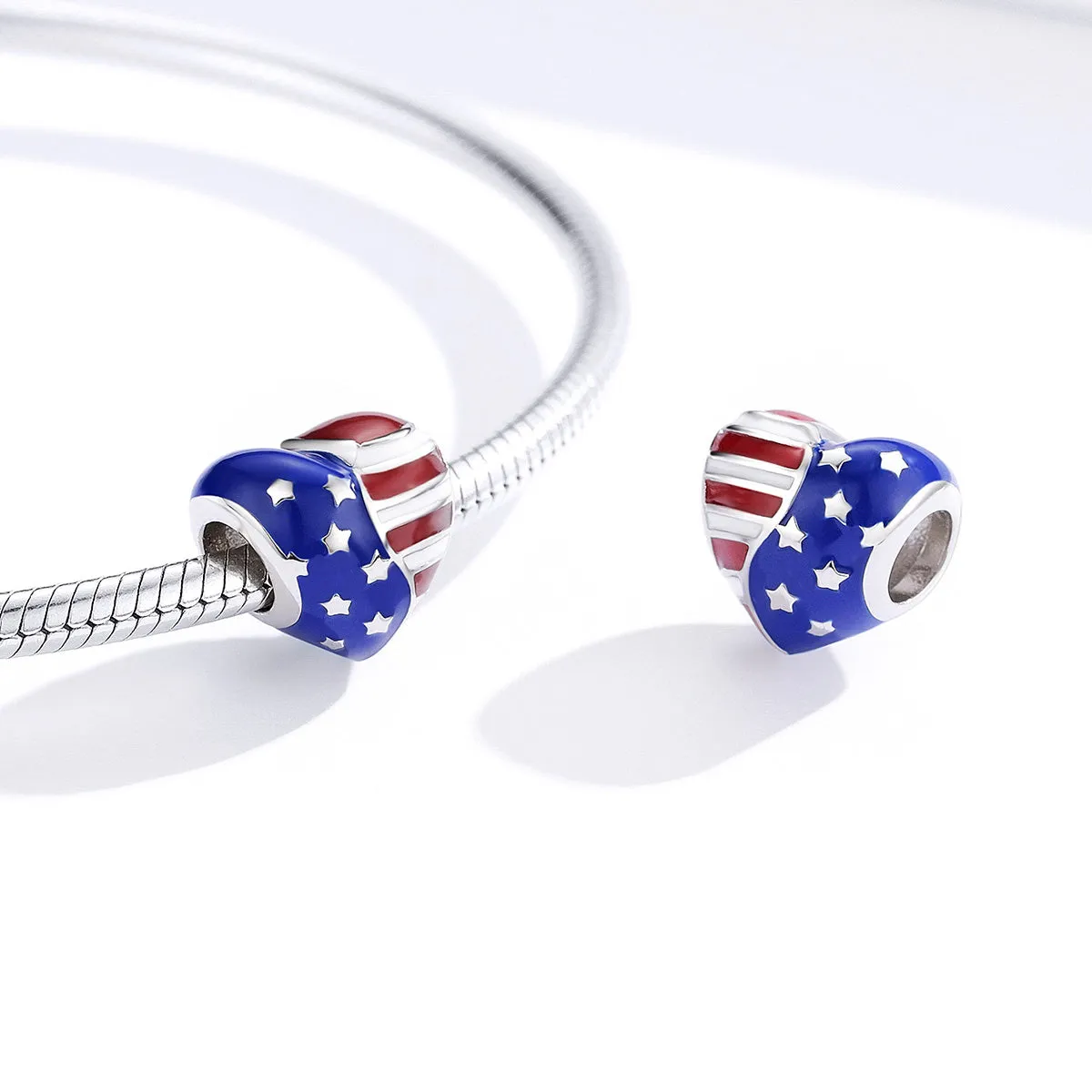 American Flag Heart Charm 925 Sterling Silver