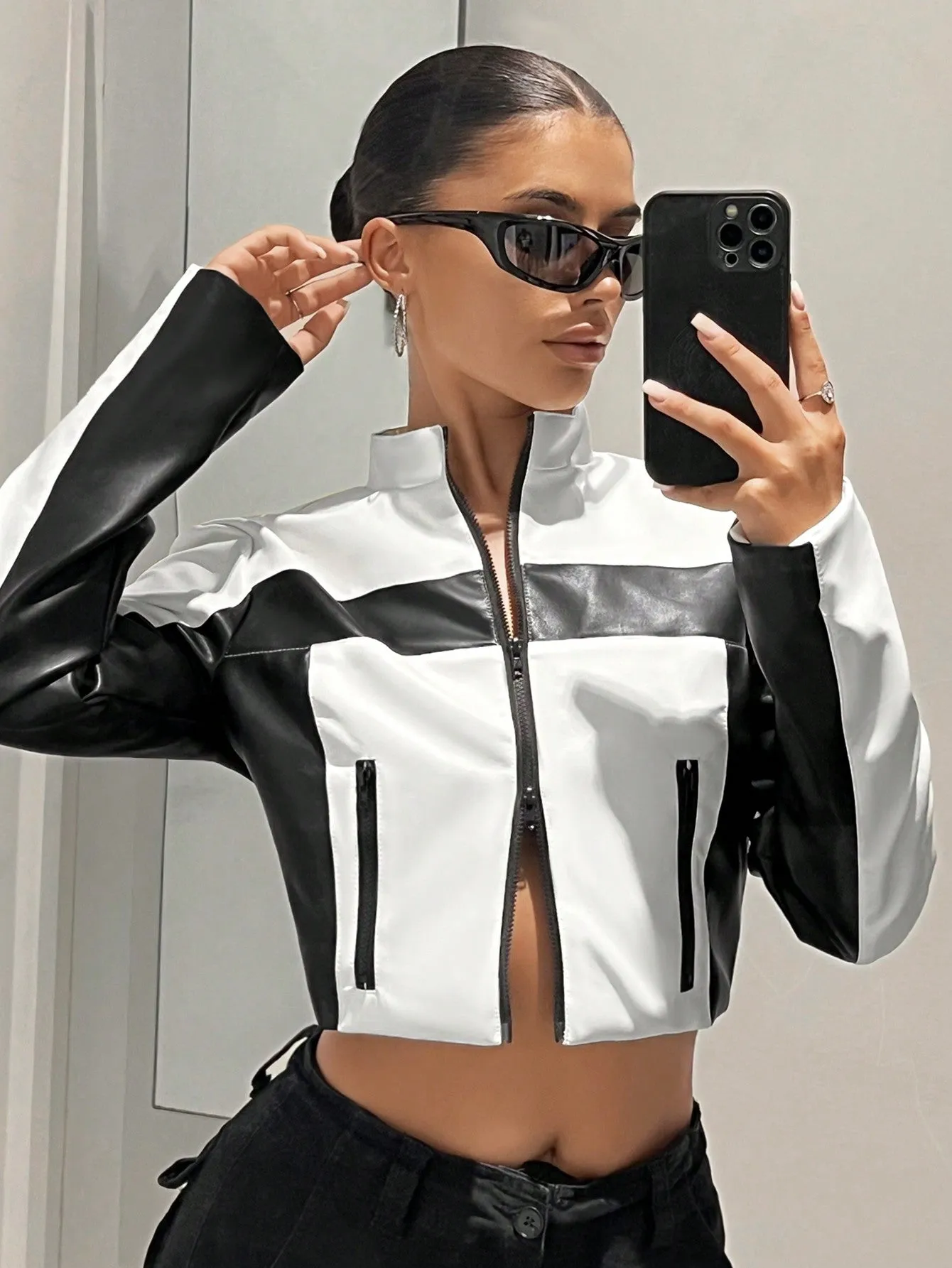 Biker Colorblock Zip Up Crop Jacket