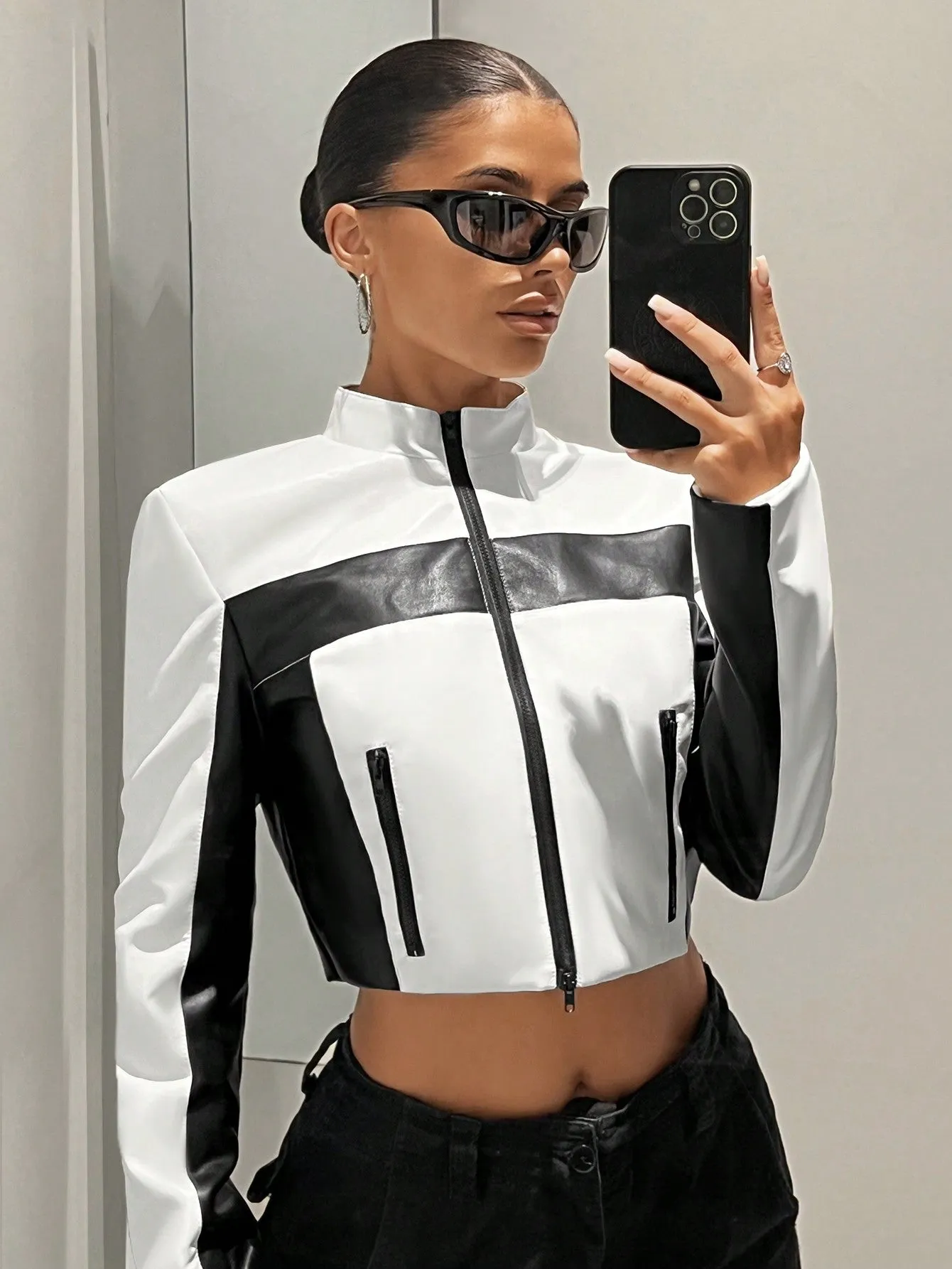 Biker Colorblock Zip Up Crop Jacket