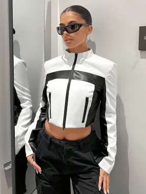 Biker Colorblock Zip Up Crop Jacket