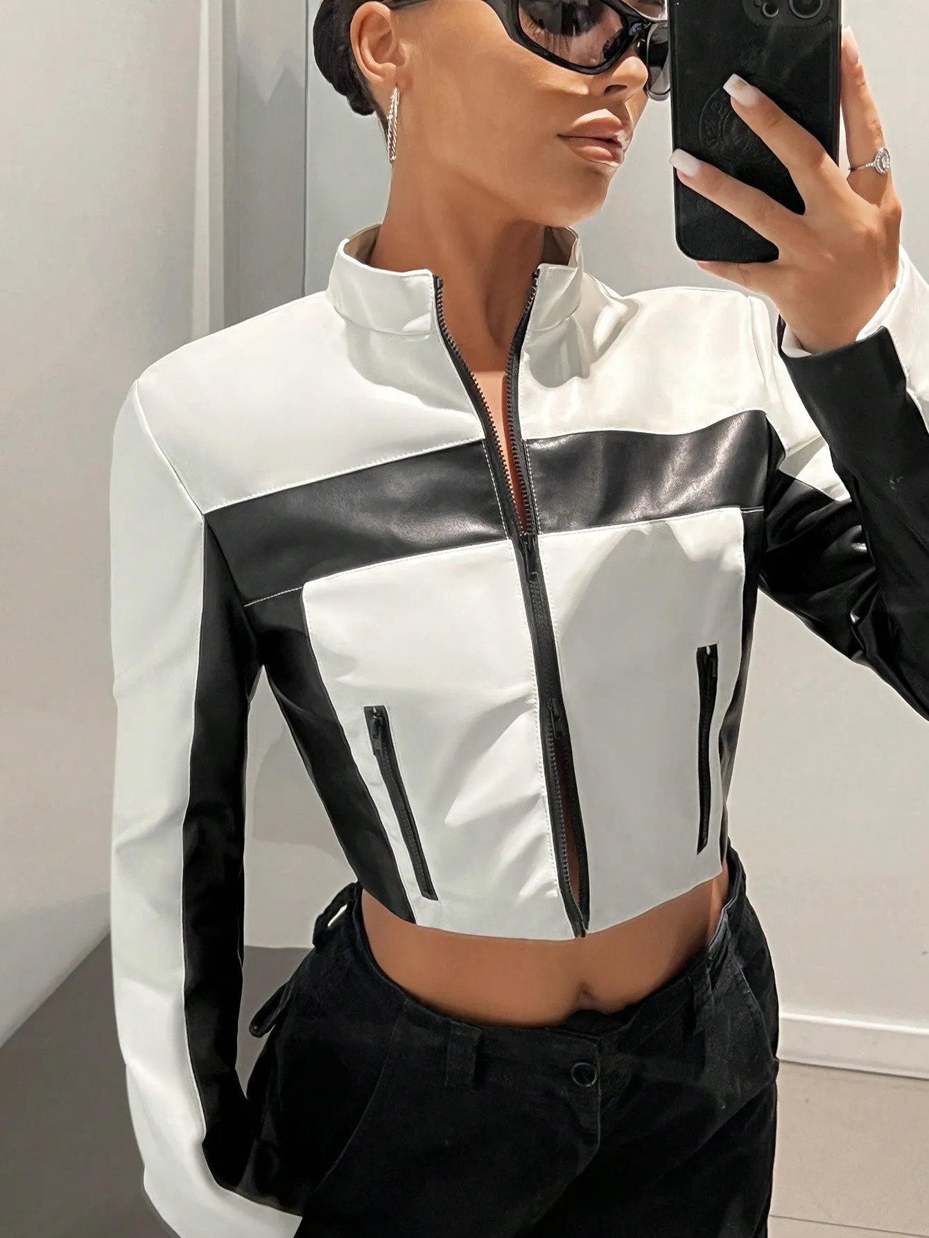 Biker Colorblock Zip Up Crop Jacket