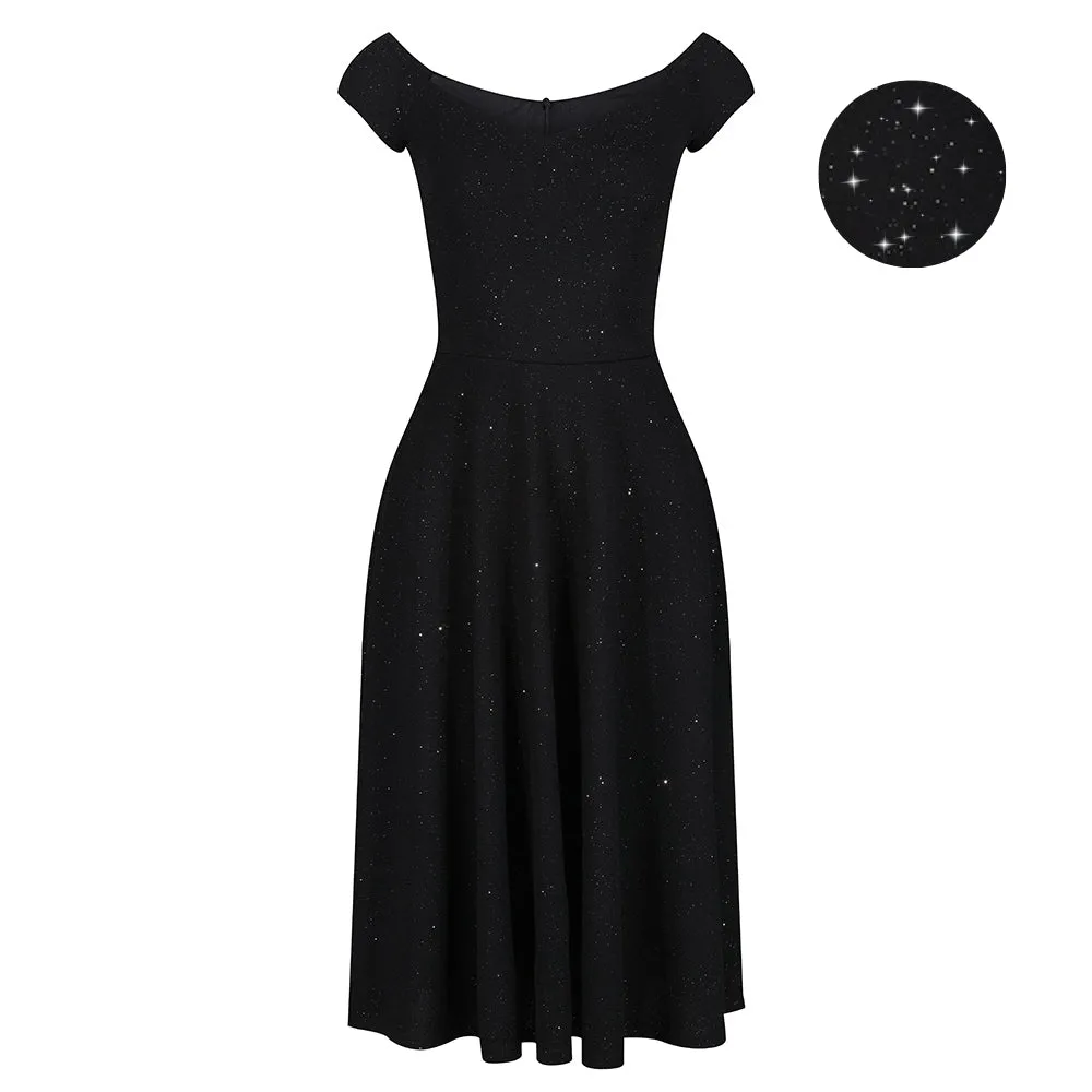 Black Silver Glitter Vintage Cap Sleeve Swing Dress