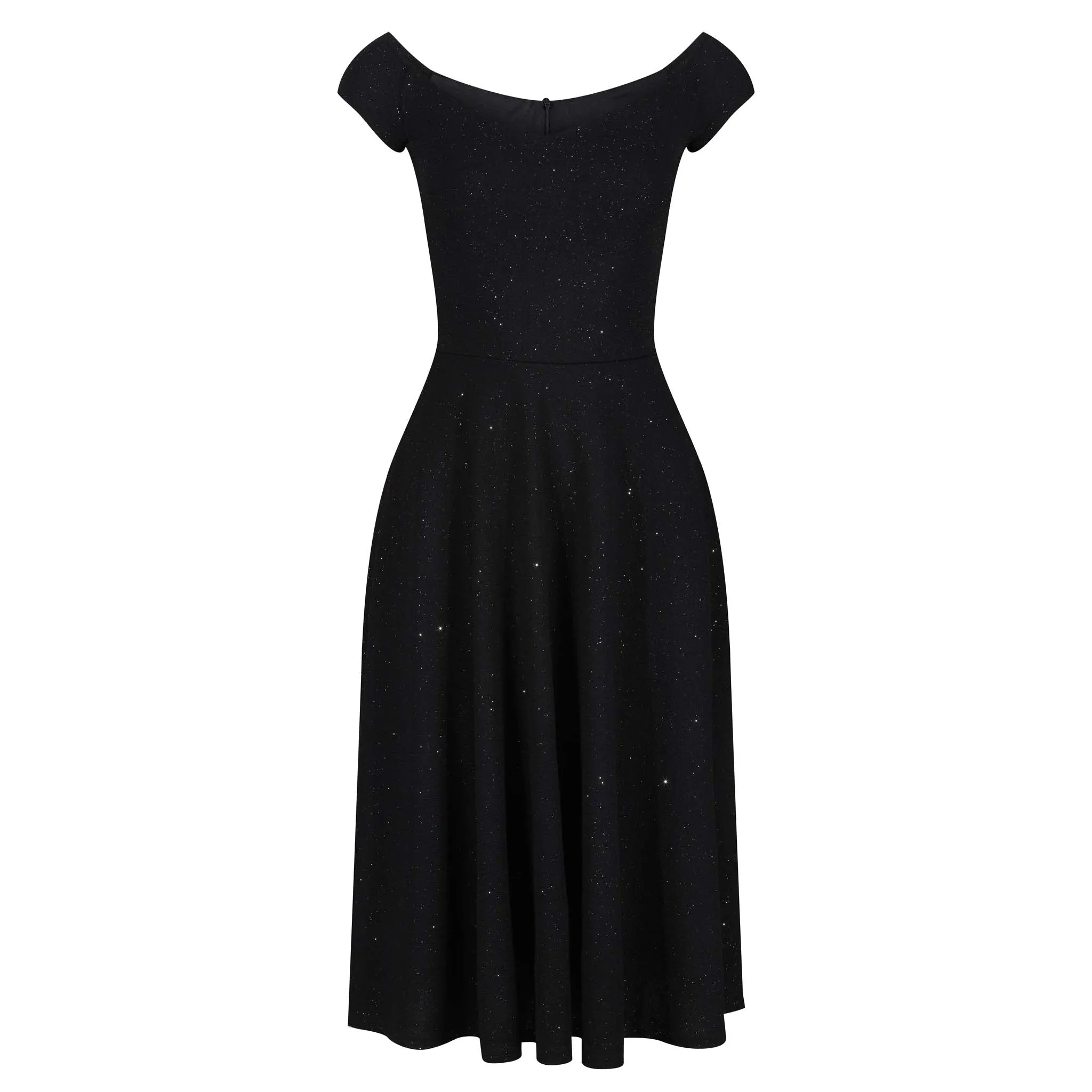 Black Silver Glitter Vintage Cap Sleeve Swing Dress