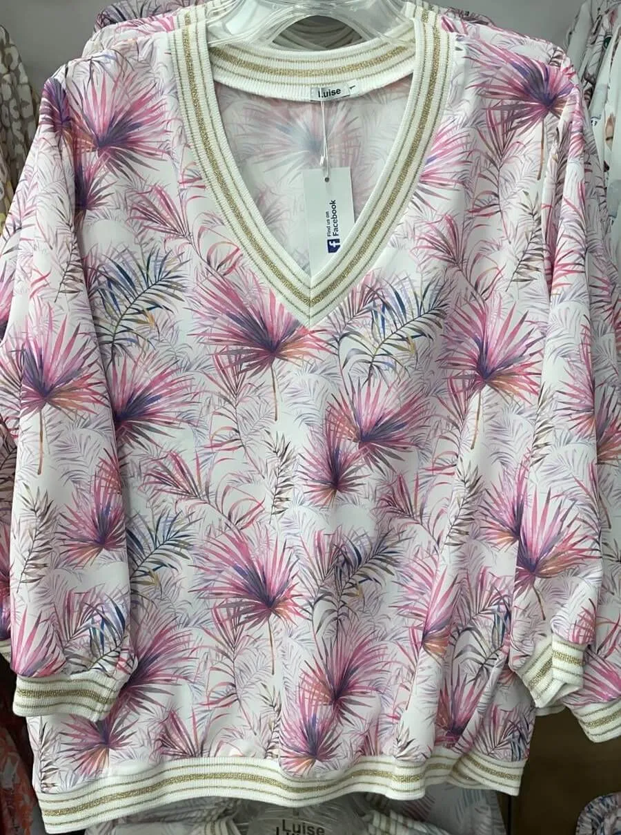 Blusa casual a fantasia tropicale a maniche tre quarti con scollo a V e polsini bordi elasticizzati