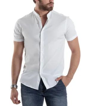 Camicia Uomo Maniche Corte Con Collo Alla Coreana Colletto A Pistagna Slim Fit Cotone Elastico Basic Tinta Unita Bianco GIOSAL-CC1203A