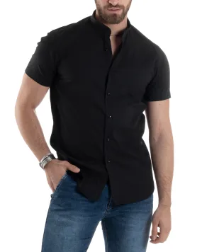 Camicia Uomo Maniche Corte Con Collo Alla Coreana Colletto A Pistagna Slim Fit Cotone Elastico Basic Tinta Unita Nero GIOSAL-CC1205A