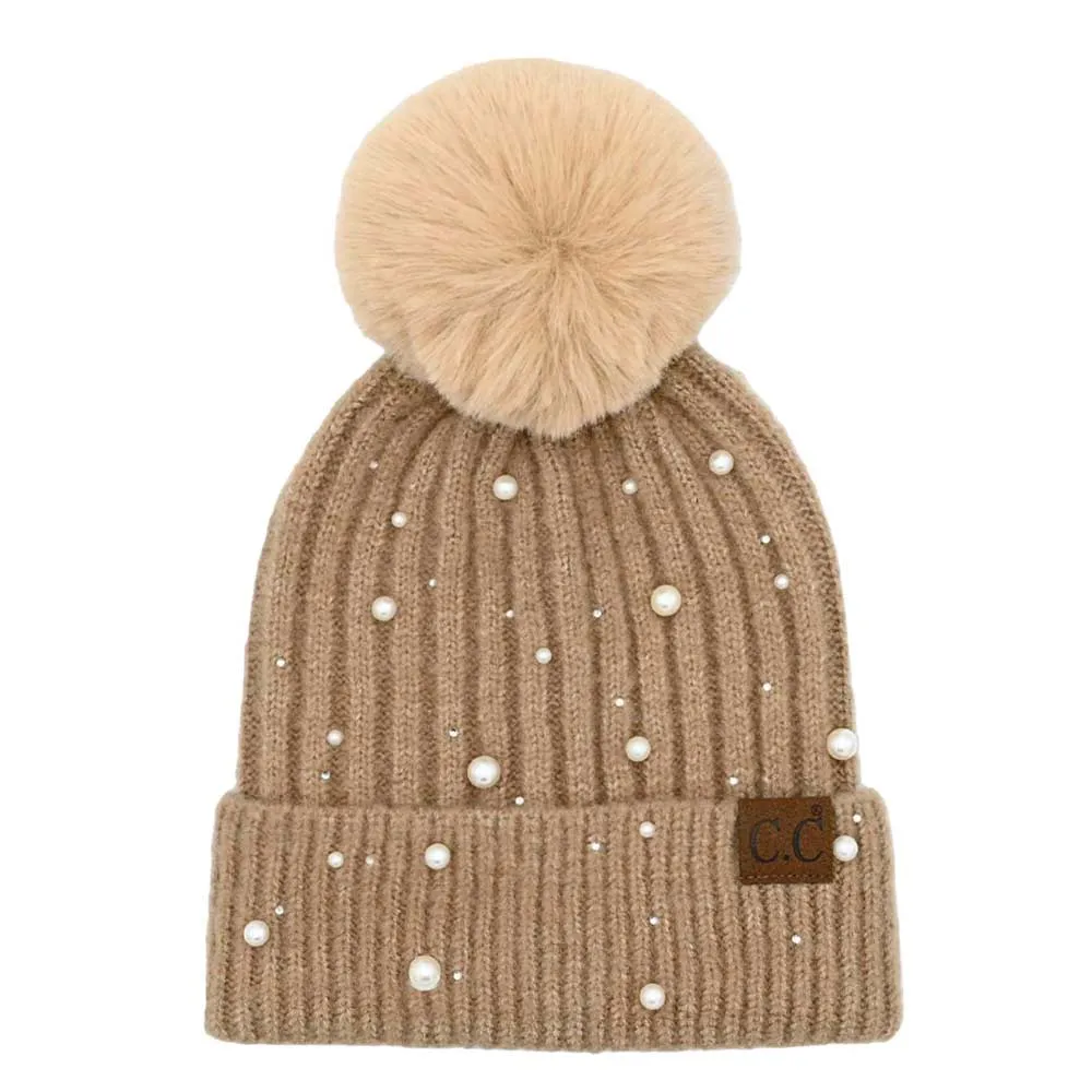 C.C Pearl Embellishments Pom Pom Beanie Hat