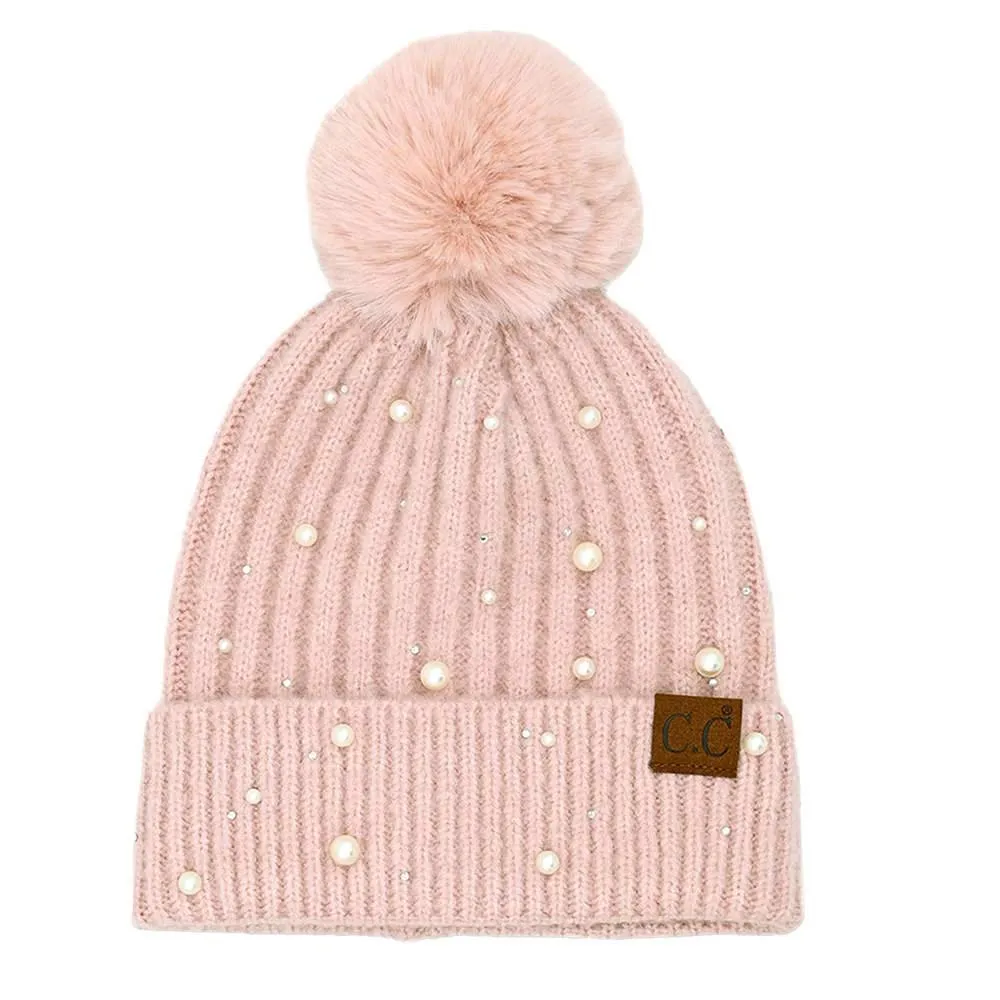 C.C Pearl Embellishments Pom Pom Beanie Hat