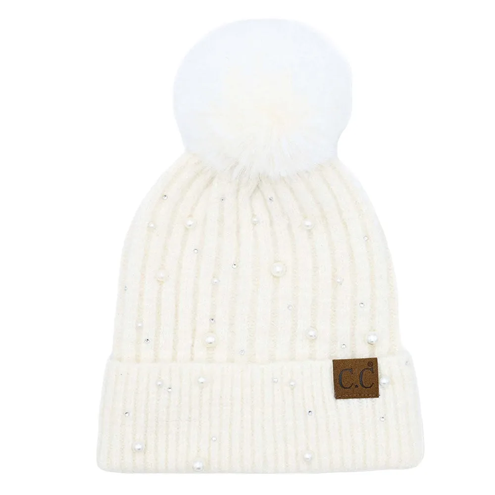 C.C Pearl Embellishments Pom Pom Beanie Hat