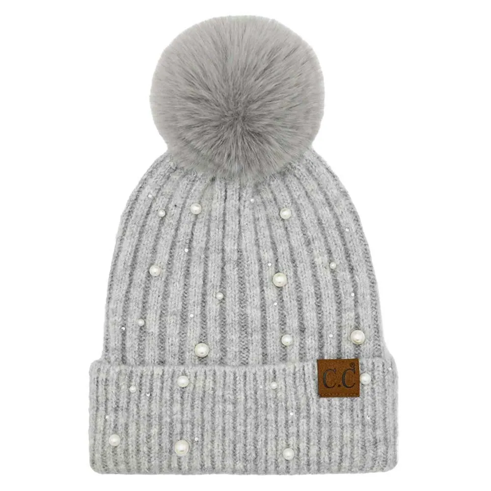 C.C Pearl Embellishments Pom Pom Beanie Hat