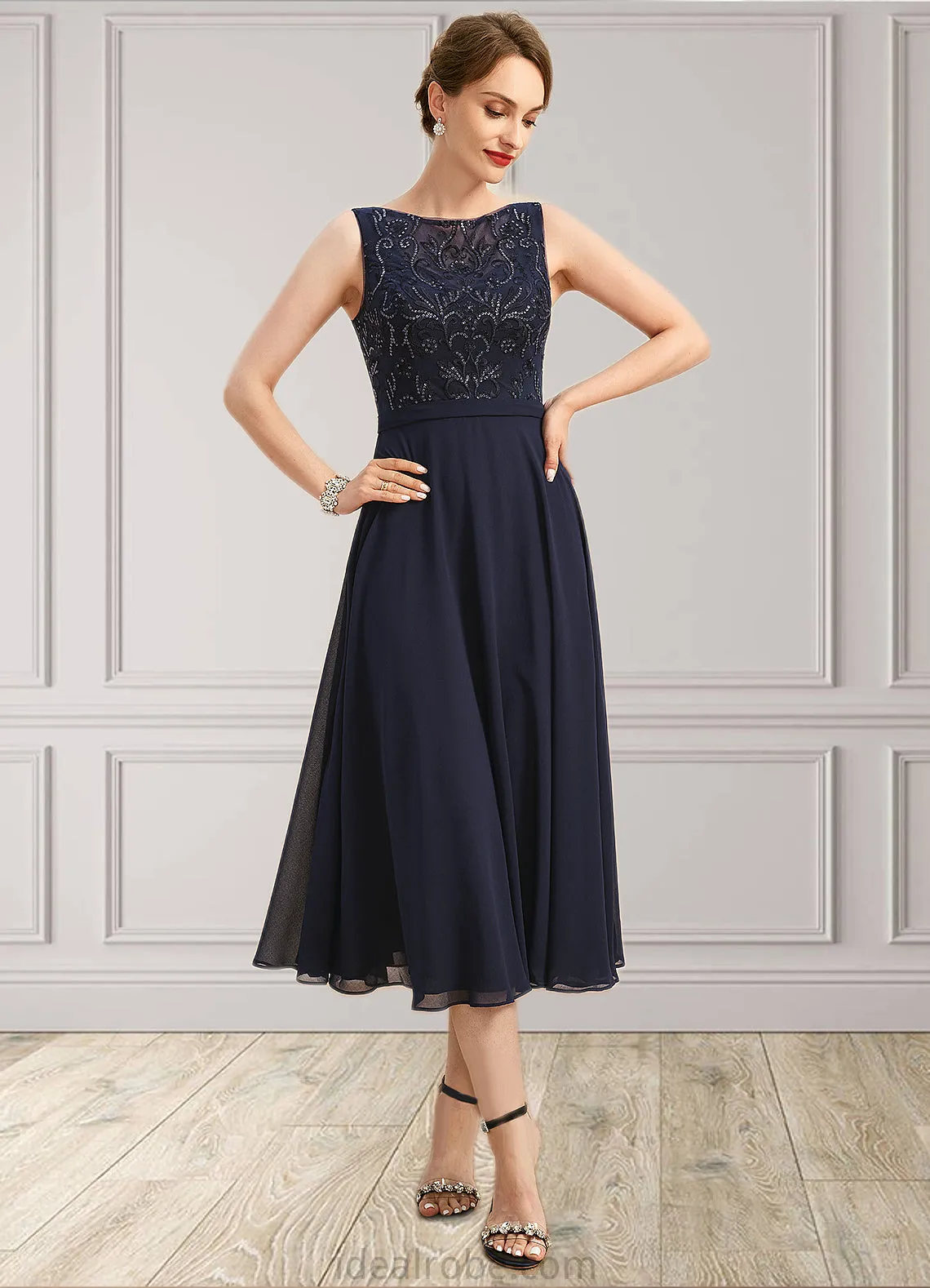 Charlee A-line Boat Neck Illusion Tea-Length Chiffon Lace Mother of the Bride Dress With Sequins STKP0021658