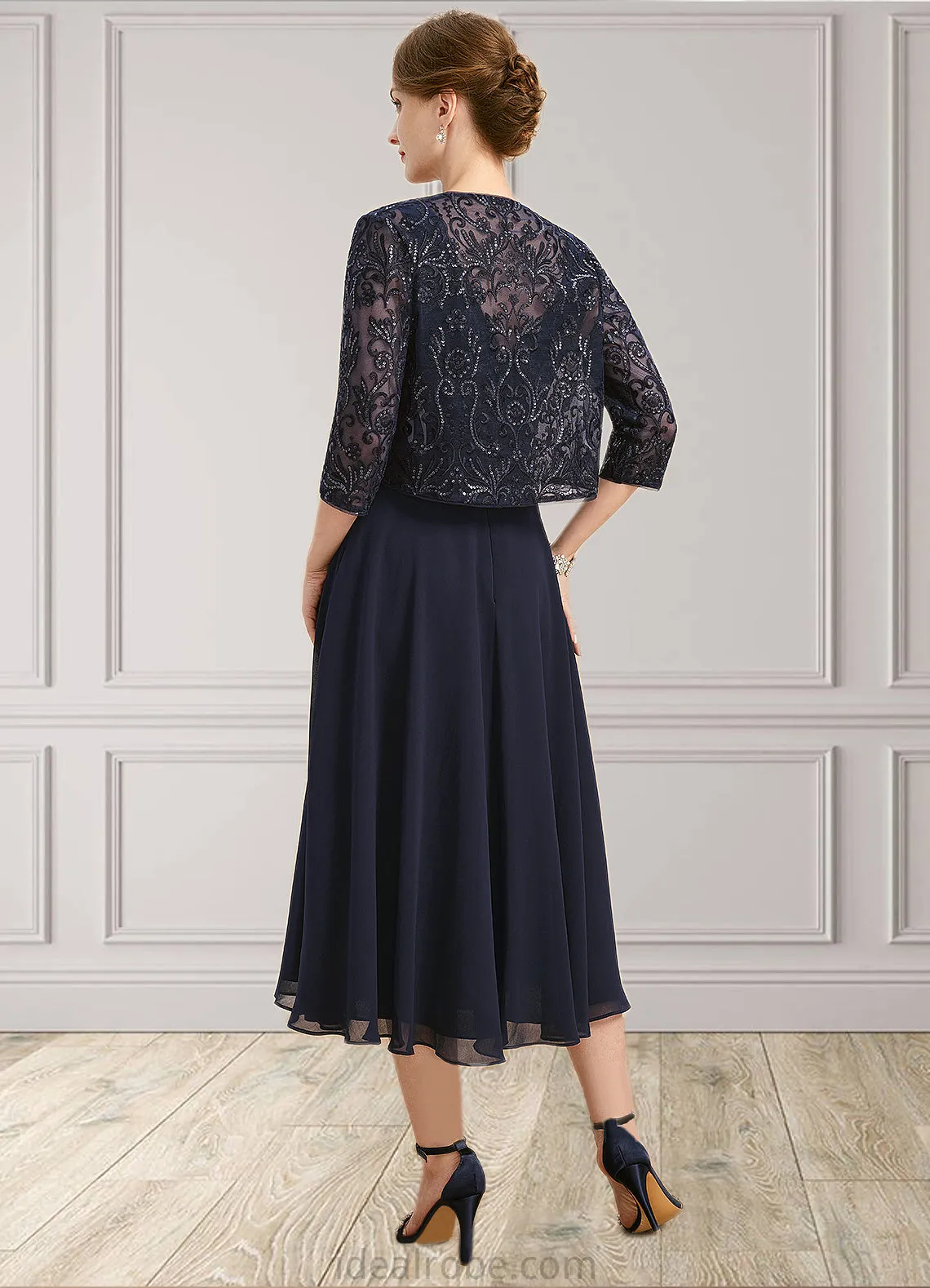 Charlee A-line Boat Neck Illusion Tea-Length Chiffon Lace Mother of the Bride Dress With Sequins STKP0021658