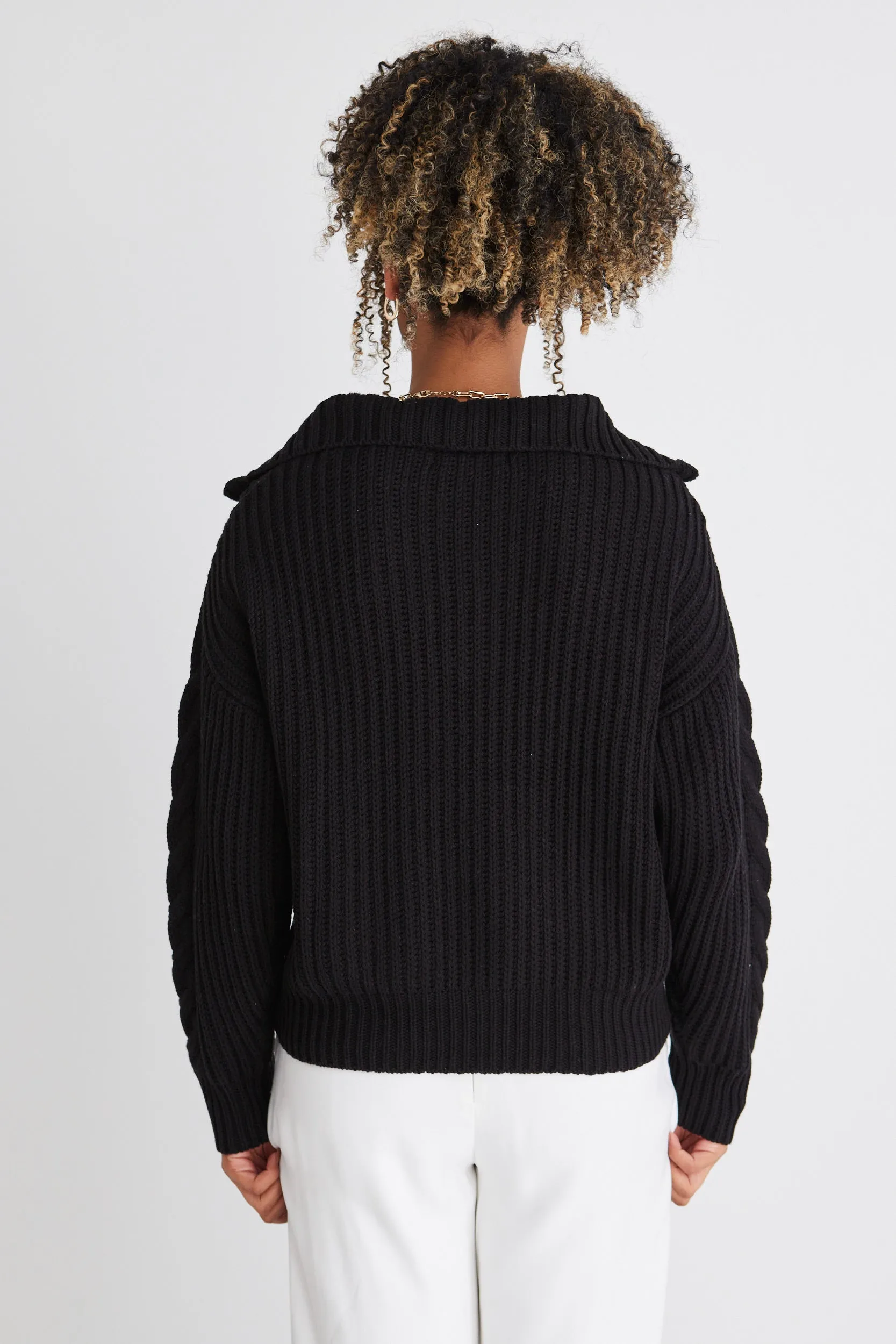 Clover Black Zip Front Cable Knit Jumper