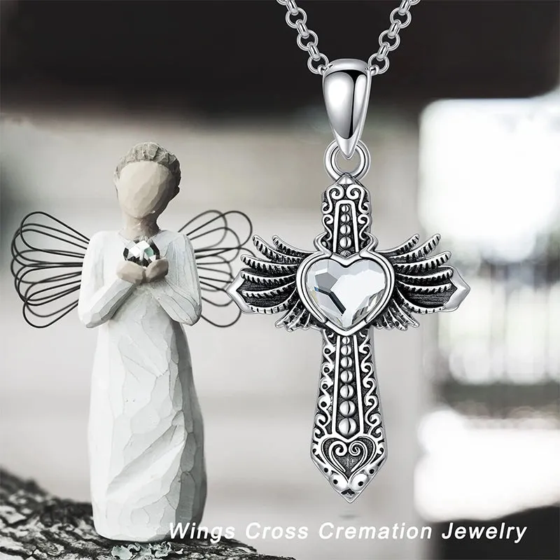 Cremation Jewelry for Women/Men 925 Sterling Silver Wings Cross Urn Necklaces for Ashes with Heart Crystal Oxidized Necklace