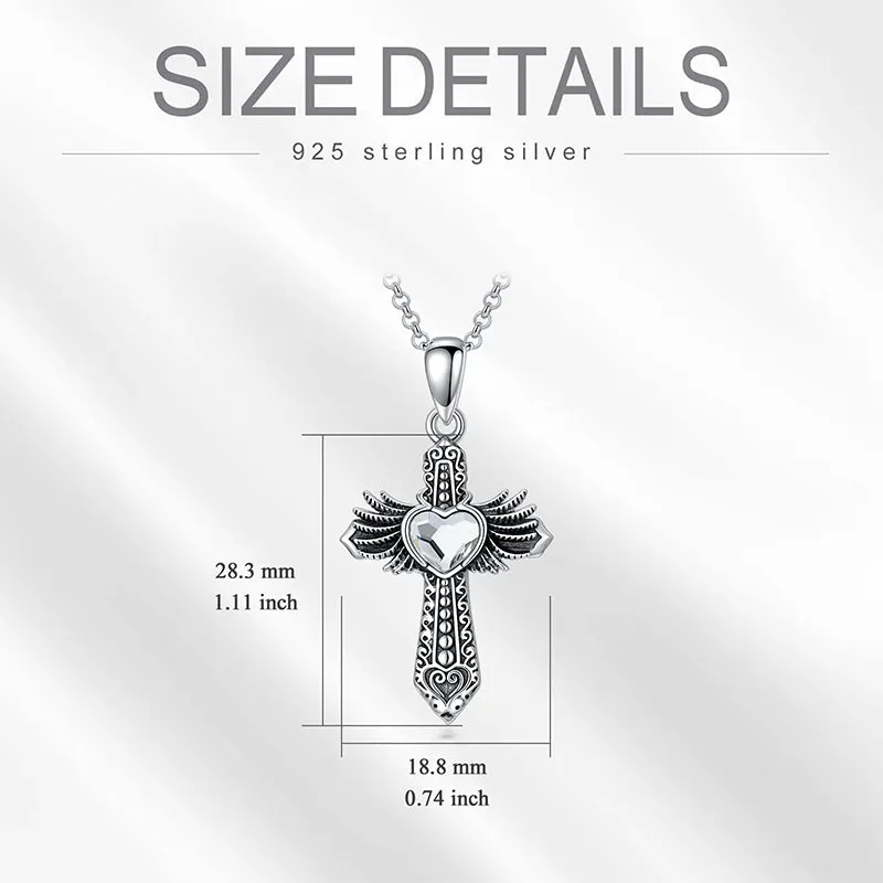 Cremation Jewelry for Women/Men 925 Sterling Silver Wings Cross Urn Necklaces for Ashes with Heart Crystal Oxidized Necklace