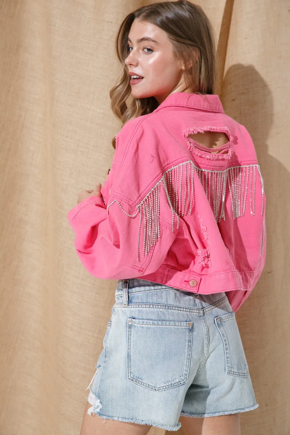 Diamond Dixie Rhinestone Fringe Jacket - Pink