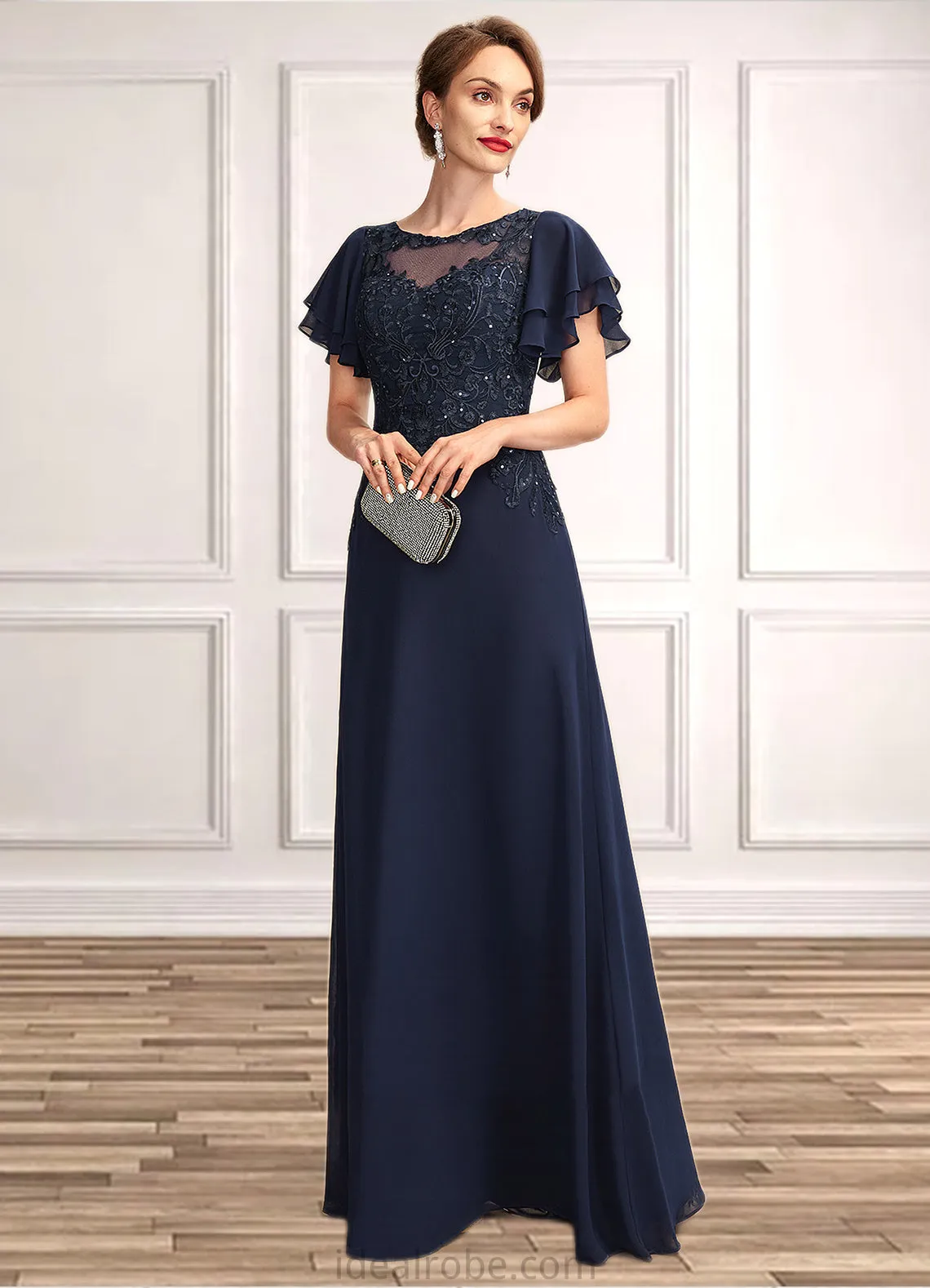 Gabriella A-Line Scoop Neck Floor-Length Chiffon Lace Mother of the Bride Dress With Sequins STK126P0014857