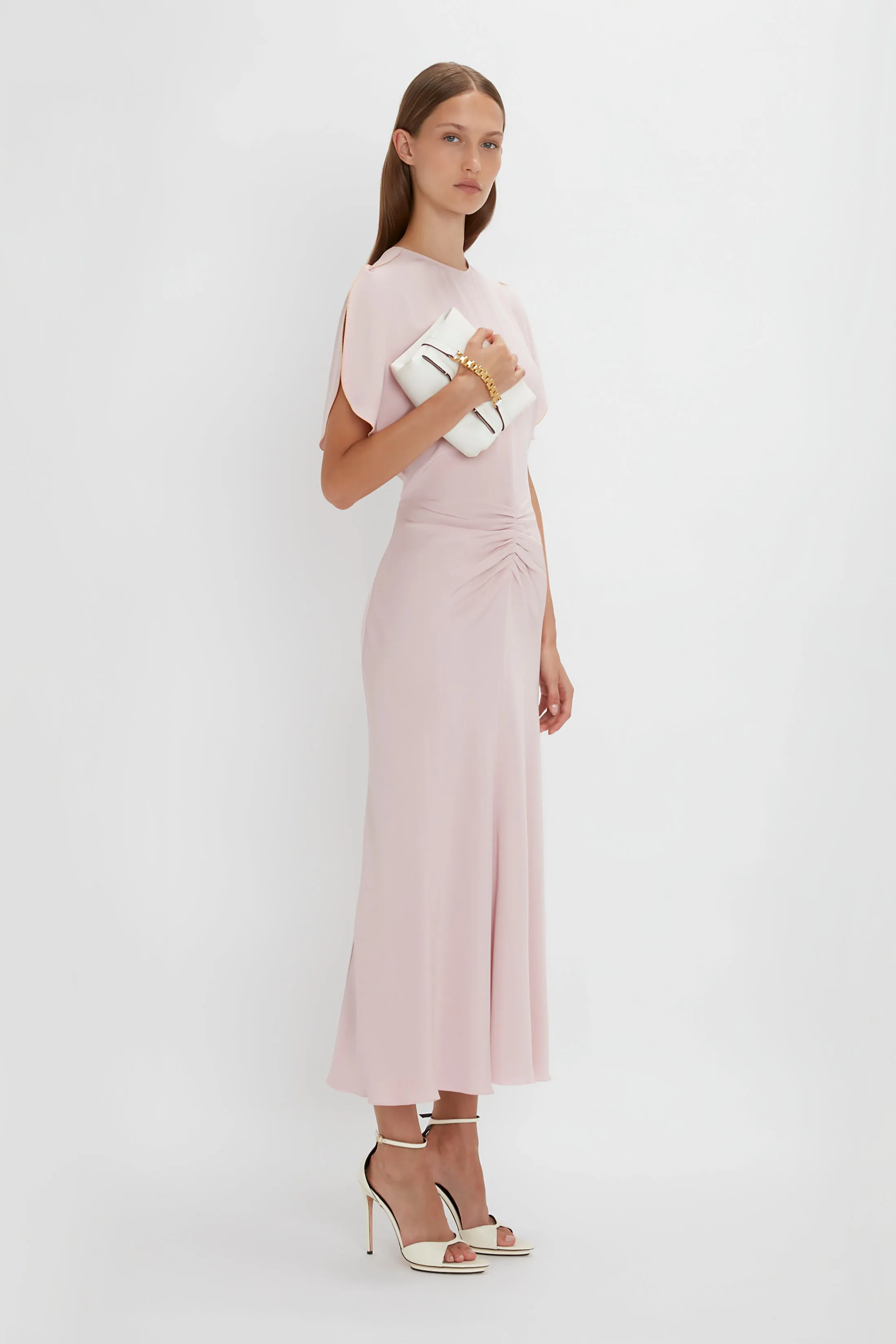 Gathered Waist Midi Dress In Blush