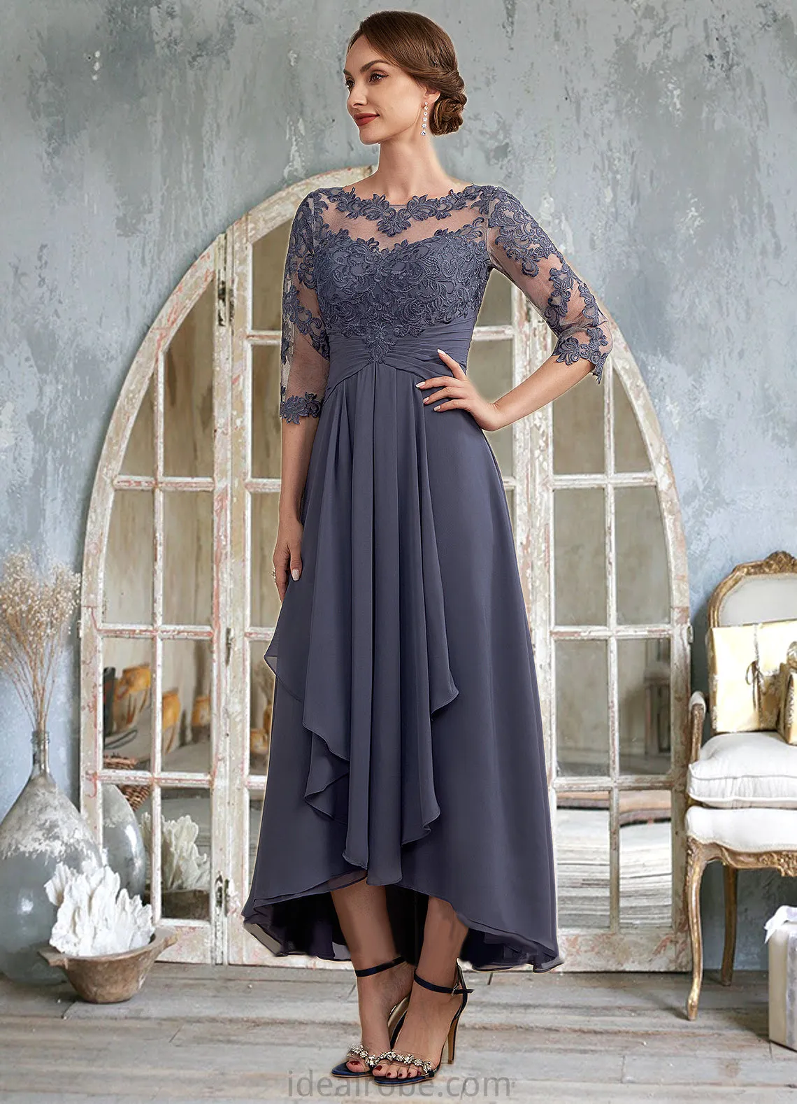 Genesis A-Line Scoop Neck Asymmetrical Chiffon Lace Mother of the Bride Dress With Ruffle STK126P0014531