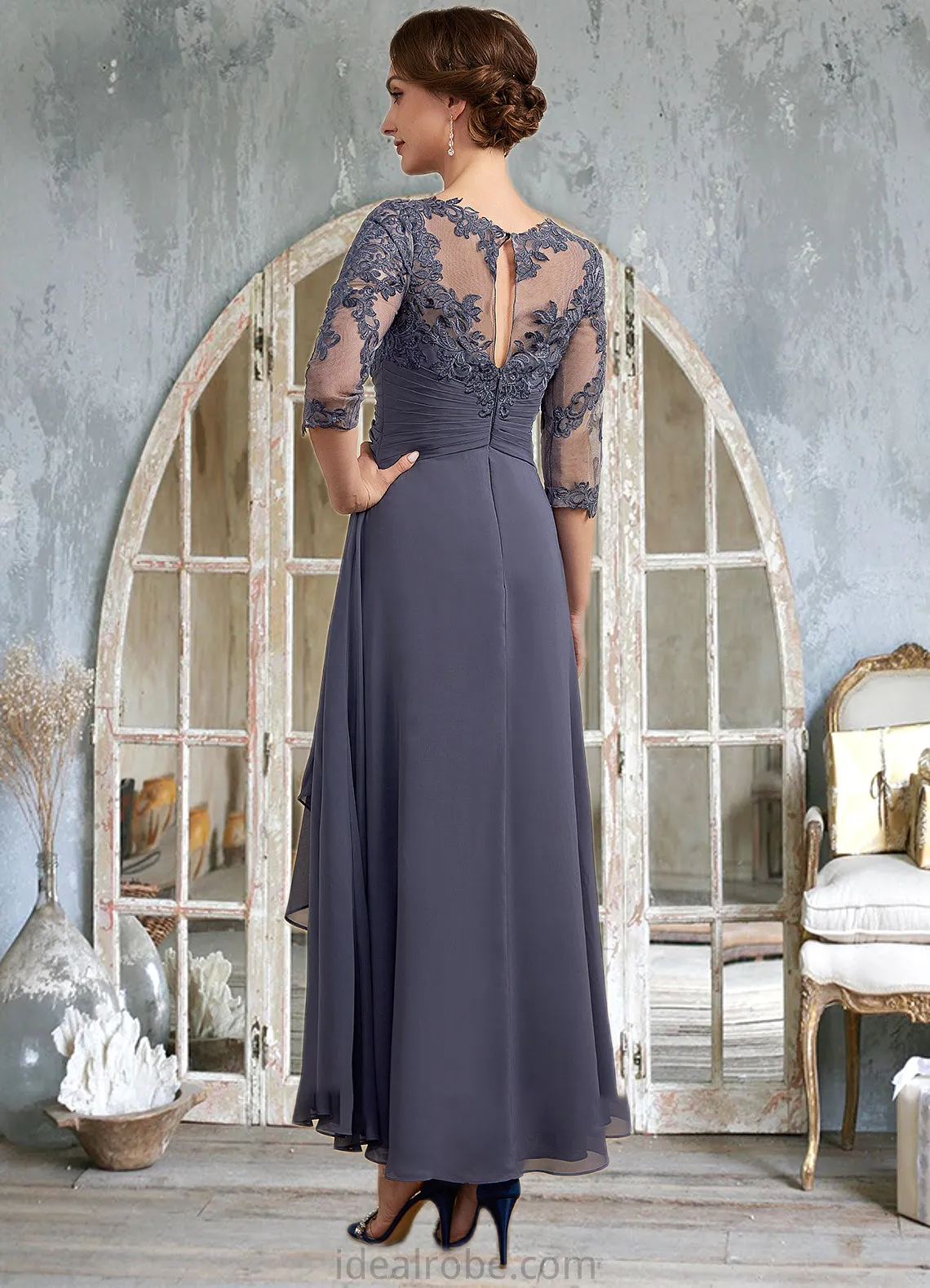 Genesis A-Line Scoop Neck Asymmetrical Chiffon Lace Mother of the Bride Dress With Ruffle STK126P0014531