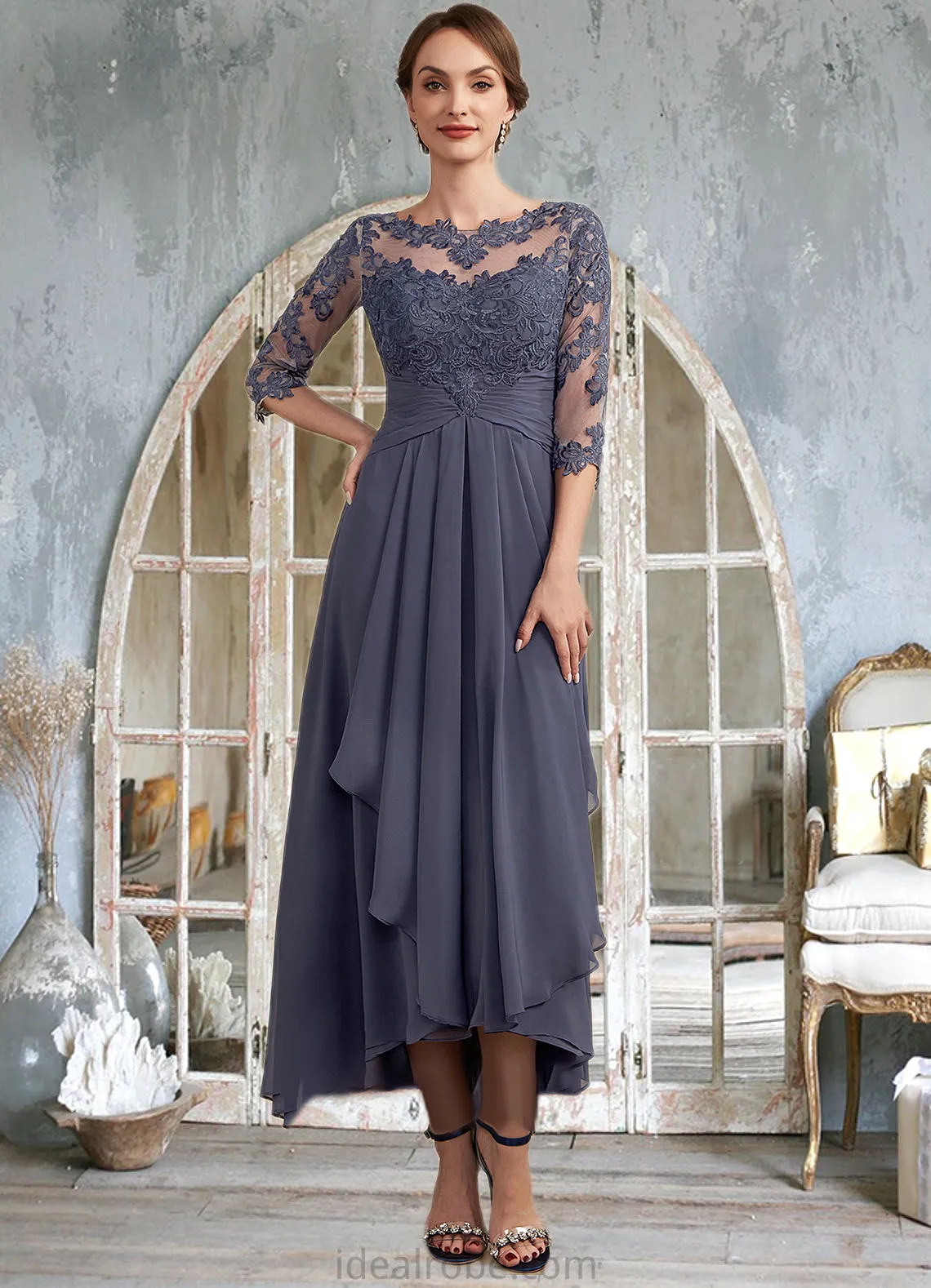 Genesis A-Line Scoop Neck Asymmetrical Chiffon Lace Mother of the Bride Dress With Ruffle STK126P0014531