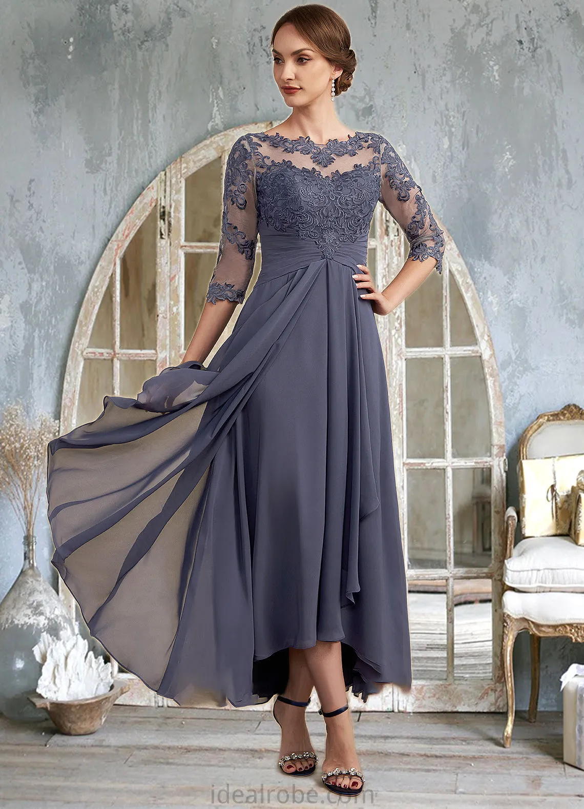 Genesis A-Line Scoop Neck Asymmetrical Chiffon Lace Mother of the Bride Dress With Ruffle STK126P0014531