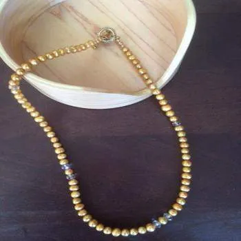 Gold Freshwater Pearl Necklace with Swarovski Crystals