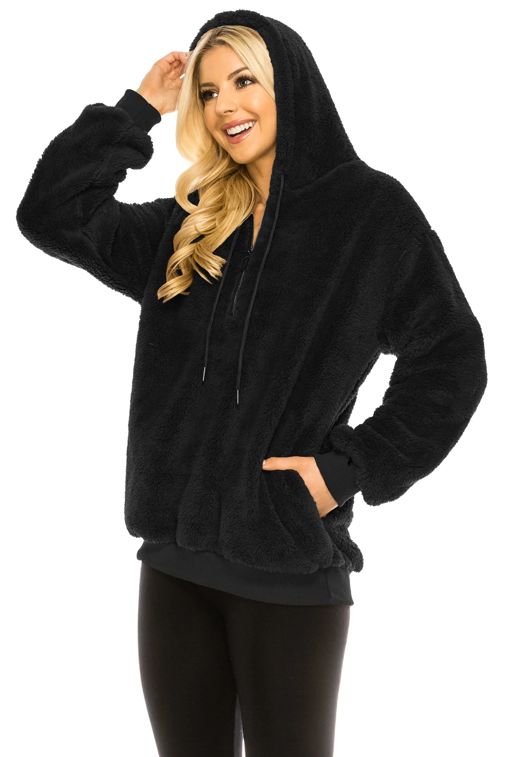 Haute Edition Women's Colorblock and Solid 1/4 Zip Sherpa Hoodie