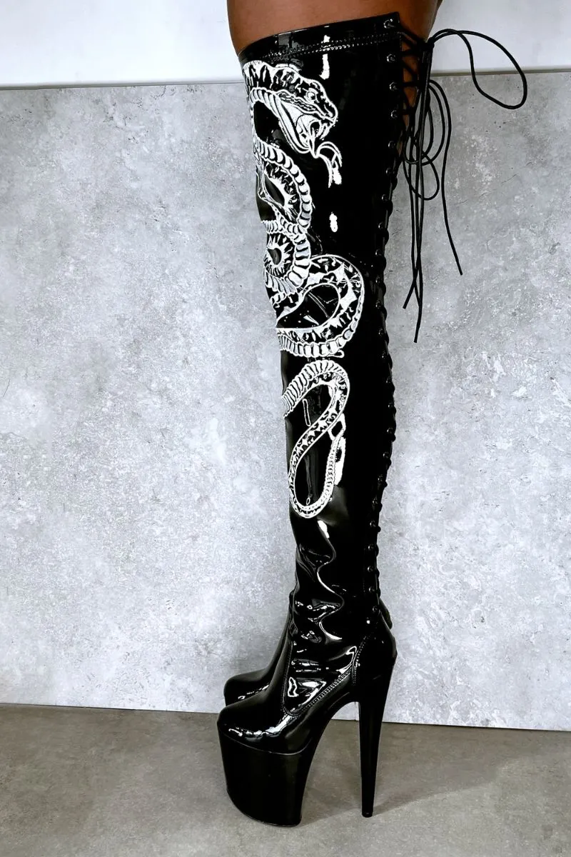 Hella Heels Viper Thigh High 8inch Boots - Black/White Snake