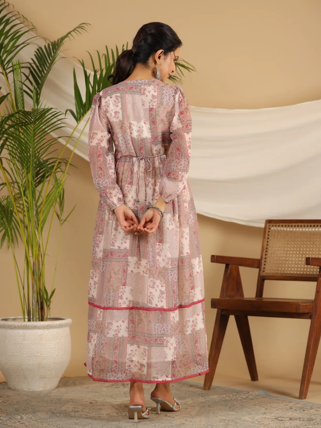 Juniper Beige Chiffon Ethnic Motif Printed Fit & Flare Maxi Dress With Embroidered Belt Kaudis & Tassels