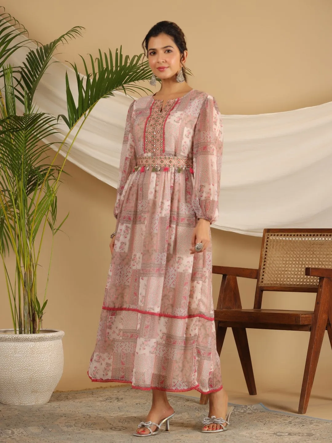 Juniper Beige Chiffon Ethnic Motif Printed Fit & Flare Maxi Dress With Embroidered Belt Kaudis & Tassels