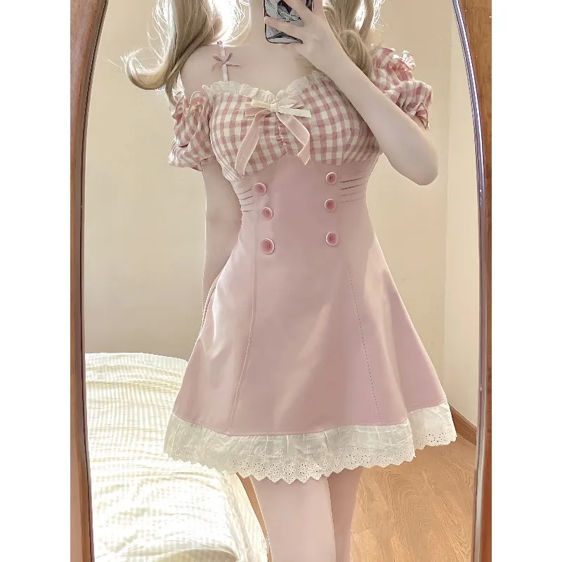 Kawaii Pink Dreamy Checkered Top Lace Dress ON932