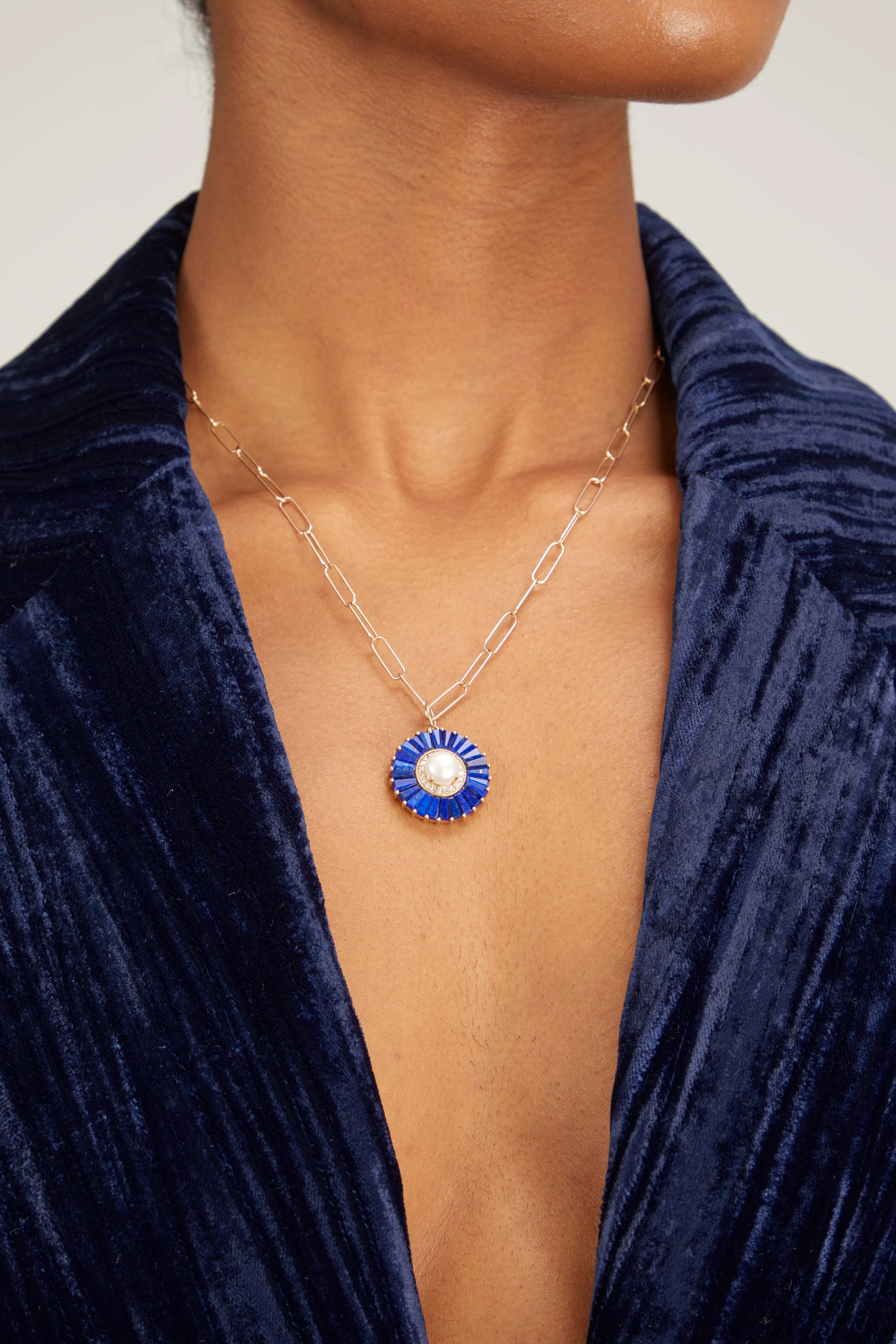 Lapis and Pearl Pendant on 14k Gold Paperclip Chain