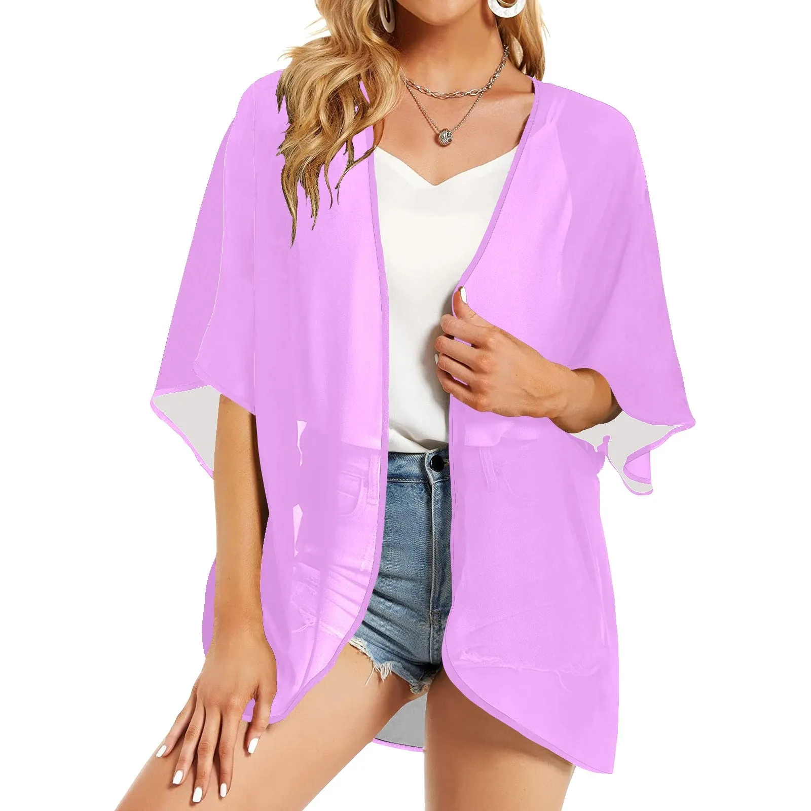 light purple pink solid Women's Kimono Chiffon Cover Up (Model H51)