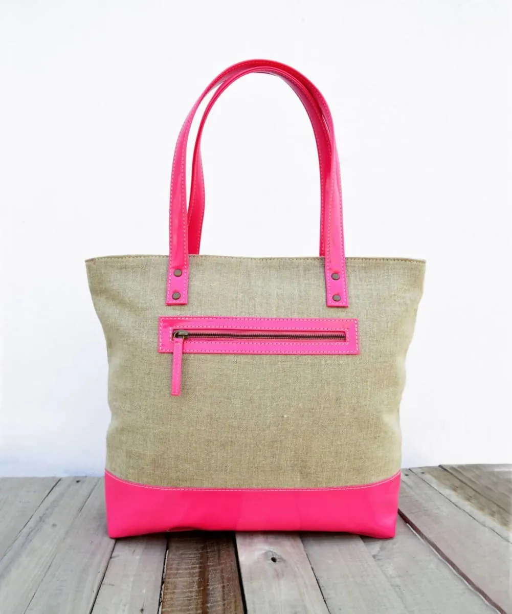 Linen and faux leather tote bag, natural with fuschia, classic everyday bag.