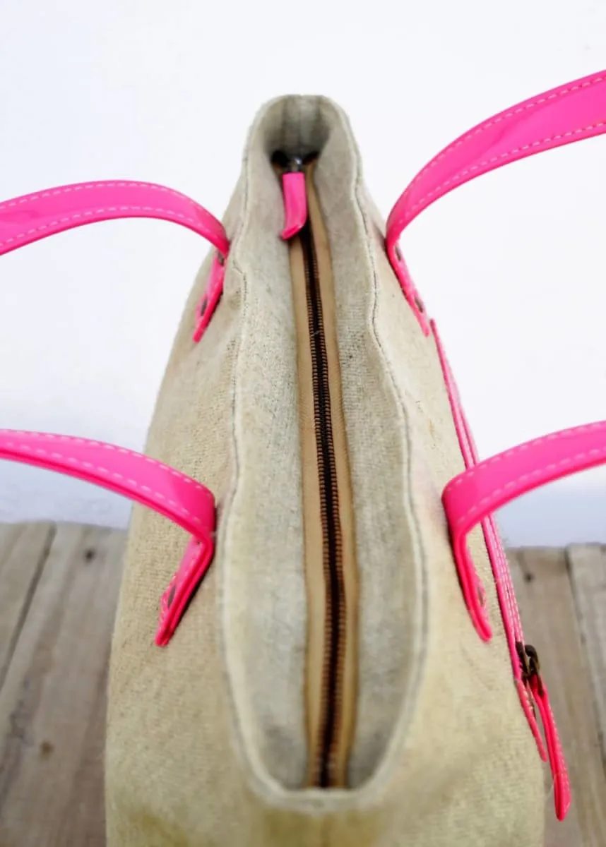 Linen and faux leather tote bag, natural with fuschia, classic everyday bag.