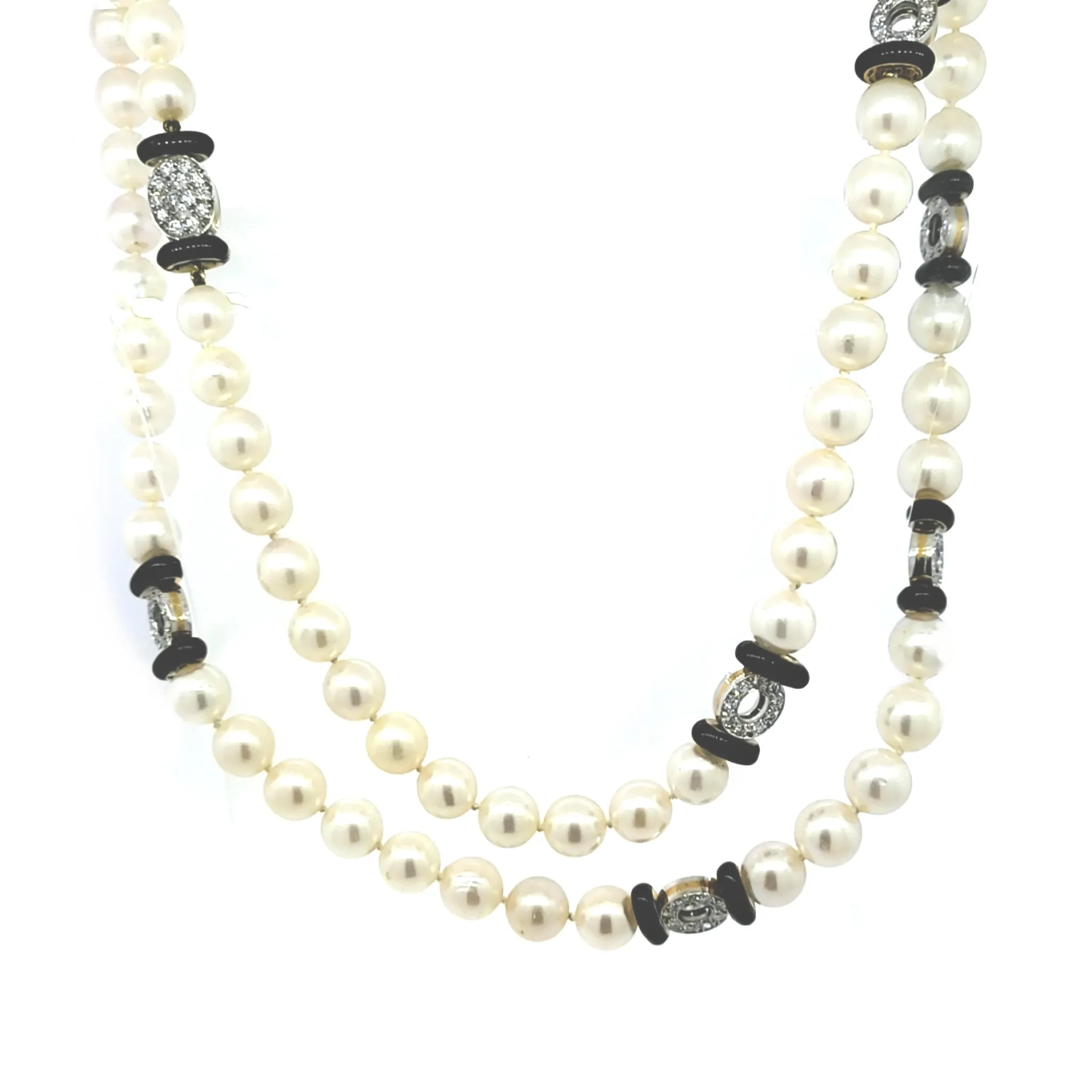 Long Cultured Pearl Necklace with Onyx & Diamond Rondelle