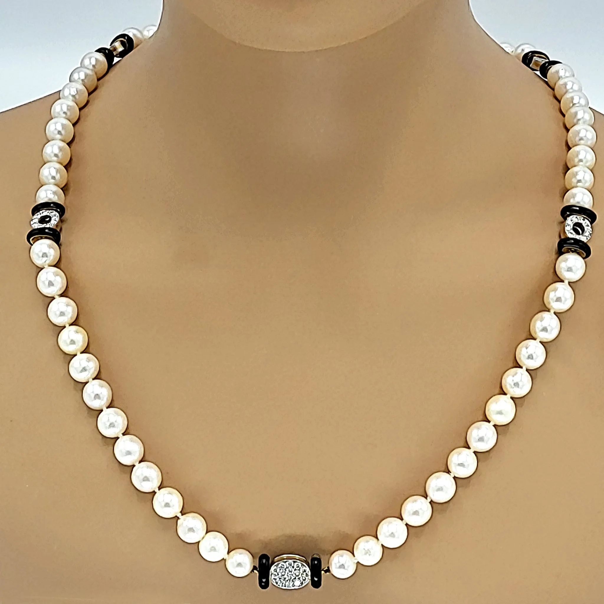 Long Cultured Pearl Necklace with Onyx & Diamond Rondelle